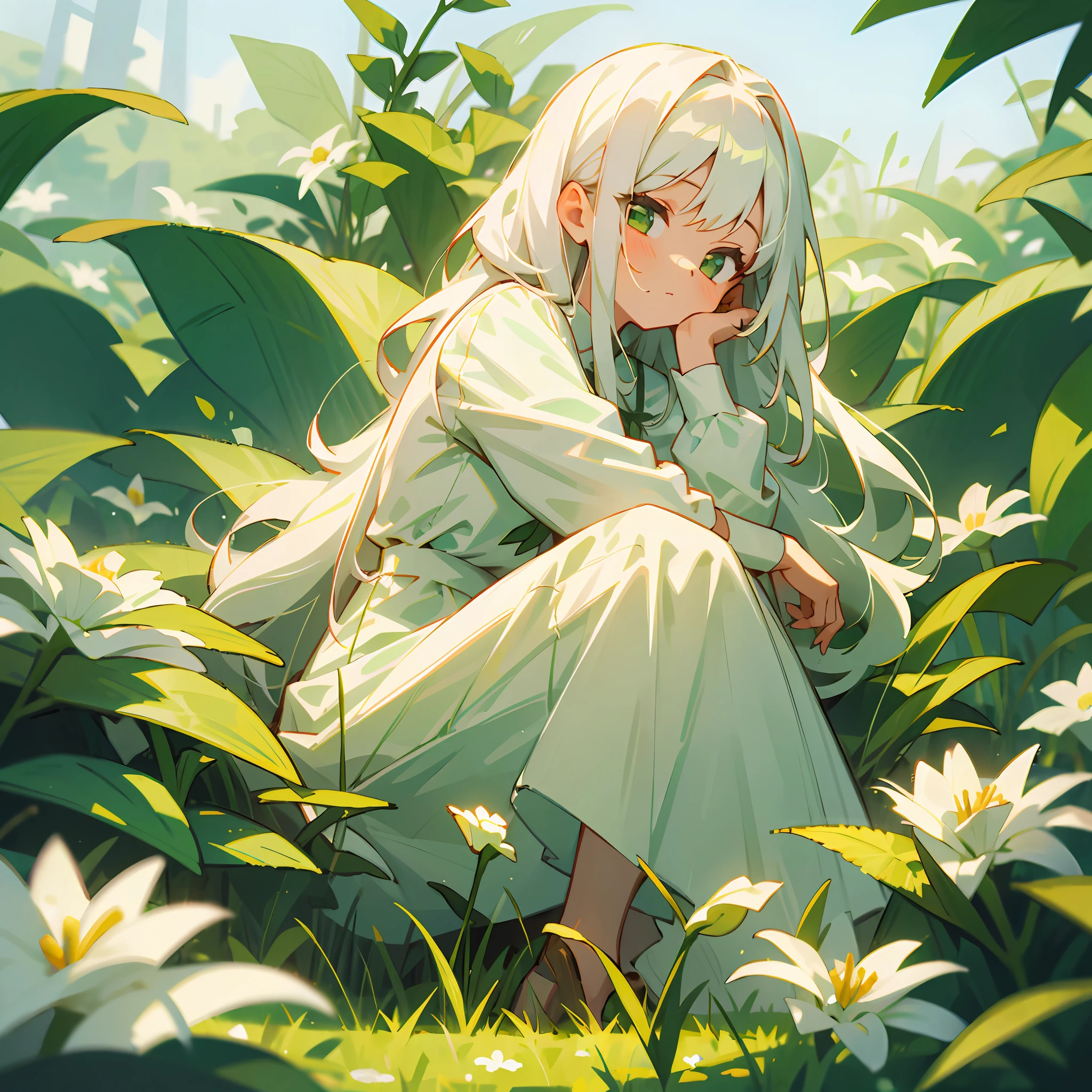 (masterpiece, best quality),1girl with long white hair sitting in a field of green plants and flowers, her hand under her chin, warm lighting, white dress, blurry foreground