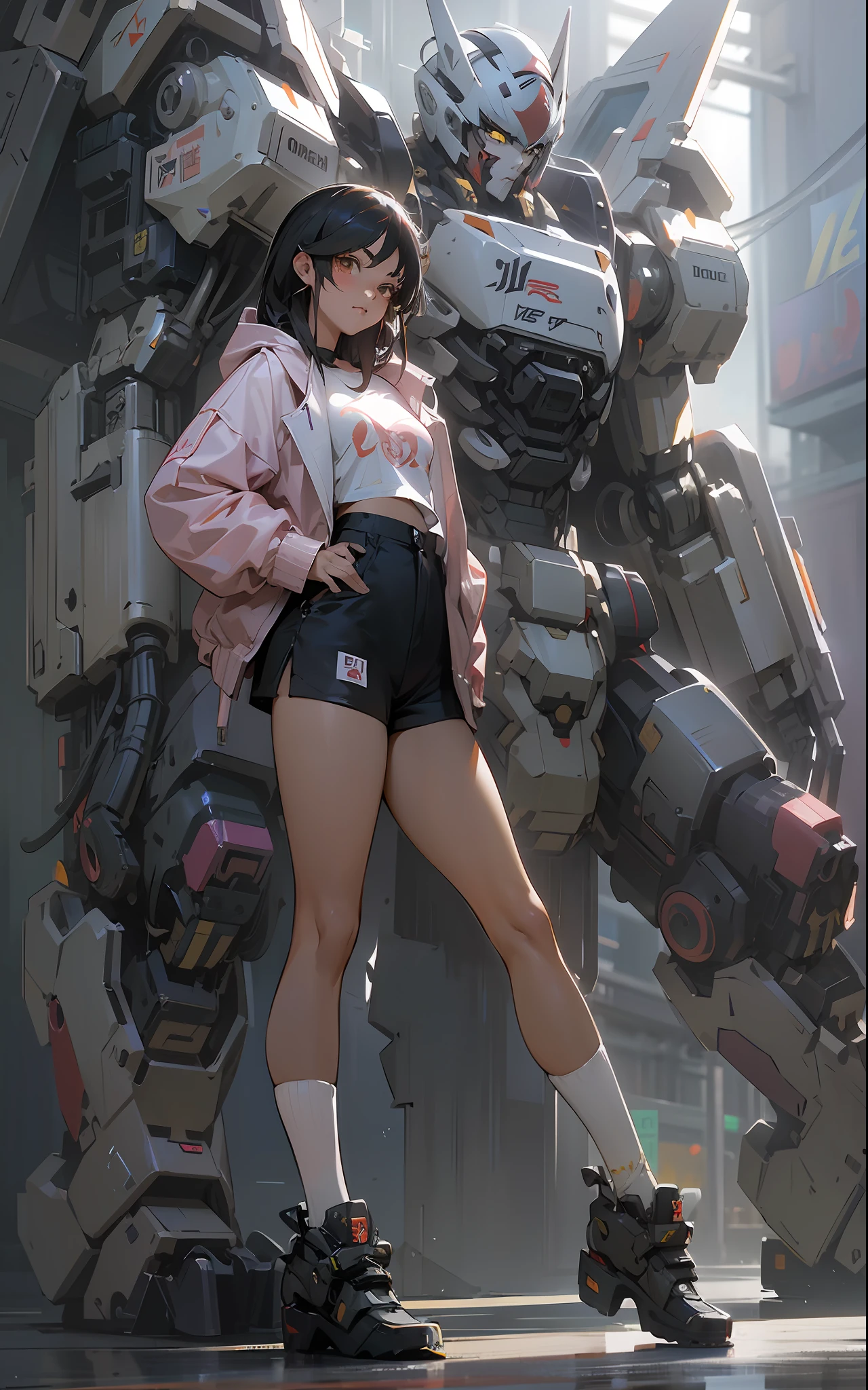 anime girl in short shorts and jacket standing next to giant robot, artwork in the style of guweiz, cyberpunk anime girl mech, trending on cgstation, guweiz, by Russell Dongjun Lu, digital cyberpunk anime art, guweiz on artstation pixiv, ross tran 8 k, girl in mecha cyber armor