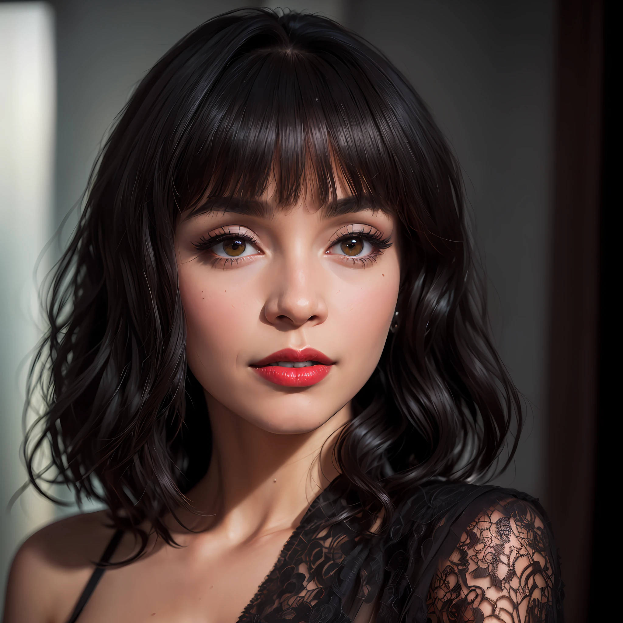 photo of a mixed-race Brazilian woman, wearing a black dress without neckline, very dark black hair, very dark eyes, tanned skin, looking at the camera, red lipstick, detailed makeup, realistic makeup, (8k UHD: 1.1), (film grain: 1.1), (raw photo: 1.1), full resolution, highly detailed skin, long black dress without neckline, detailed hair, dslr, sharp focus, high definition, high quality photography, intricate, (style, dreamlikeart, redshift style, mdjrny-v4 style: 0.5), anatomical, realistic texture hyper realistic dramatic lighting unrealengine trend on artstation cinestill 800 tungsten, (50mm Sigma f/1.4 ZEISS lens, F1.4, 1/800s, ISO 100, photography: 1.1), studio with gray background