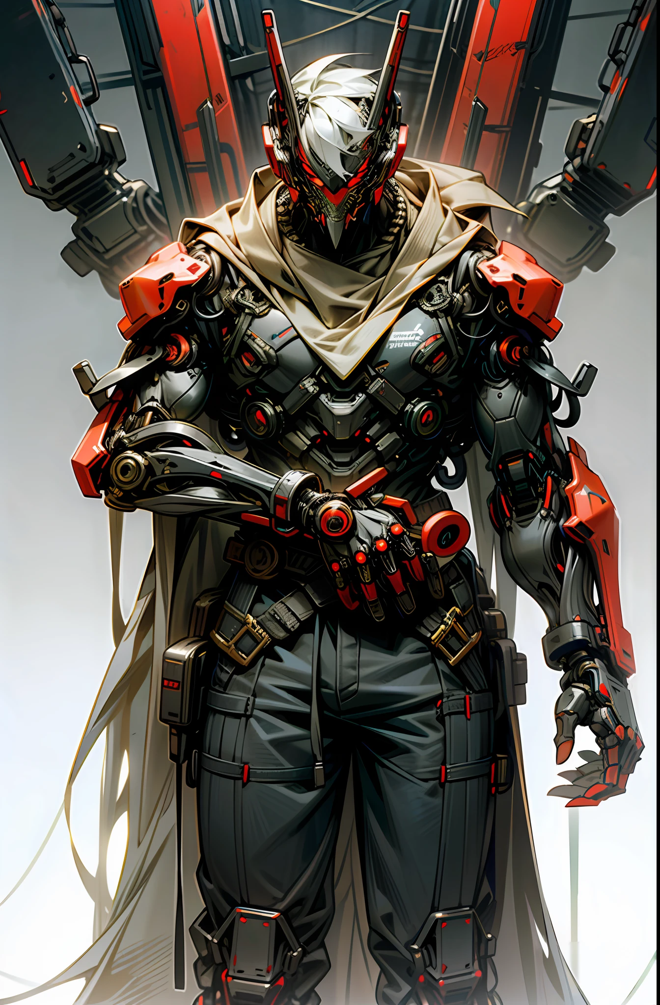 Dark_Fantasy,Cyberpunk,(chain saw,chain saw man,Red:1.1),1man,Mechanical marvel,Robotic presence,Cybernetic guardian,