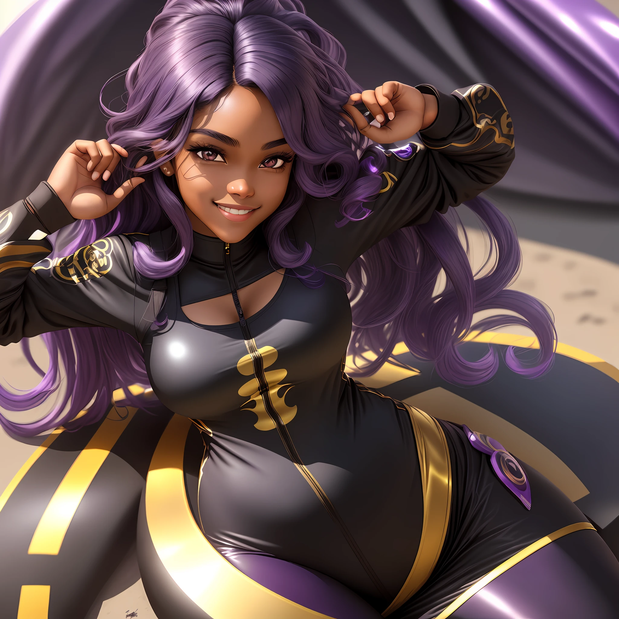 A cute girl with brown skin, sexy body, wavy purple hair [with shades of black], golden eyes (shiny), ultra realistic eyes, smiling, sitting, with ninja clothes, Sexy Clothes, Sexy, round face, realistic lighting, Radiosity, Close UP.