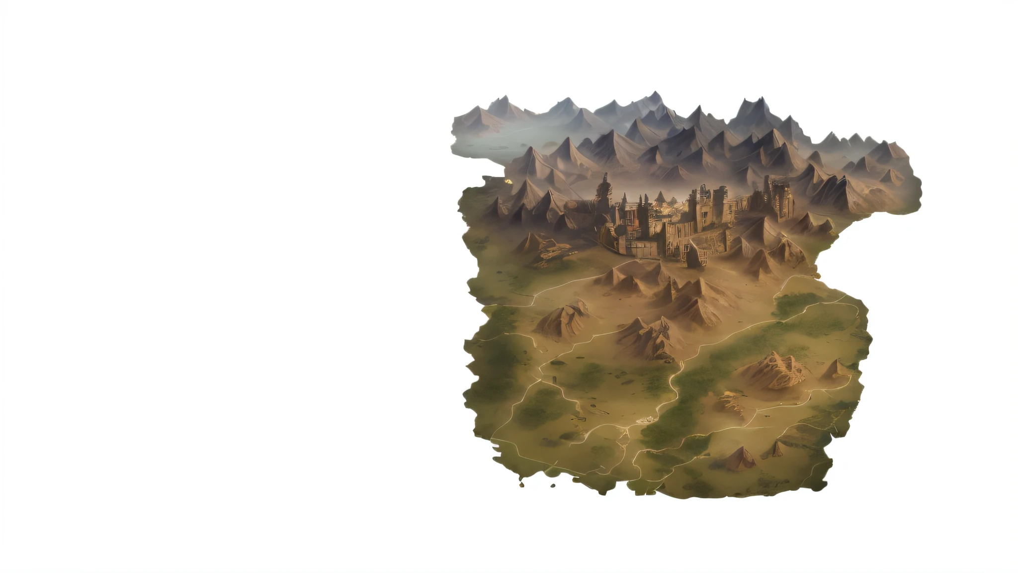 a close-up of a map of a mountain with a sky background, aerial (((OLD CITY))) background, an isometric fantasy map, matte paint game map, isometric map, ornate borders + concept art, arid desert, mountainous area, a landscape epic, steam workshop maps, distant village background, war-torn environment, painted like game concept art, gigantic landscape!
