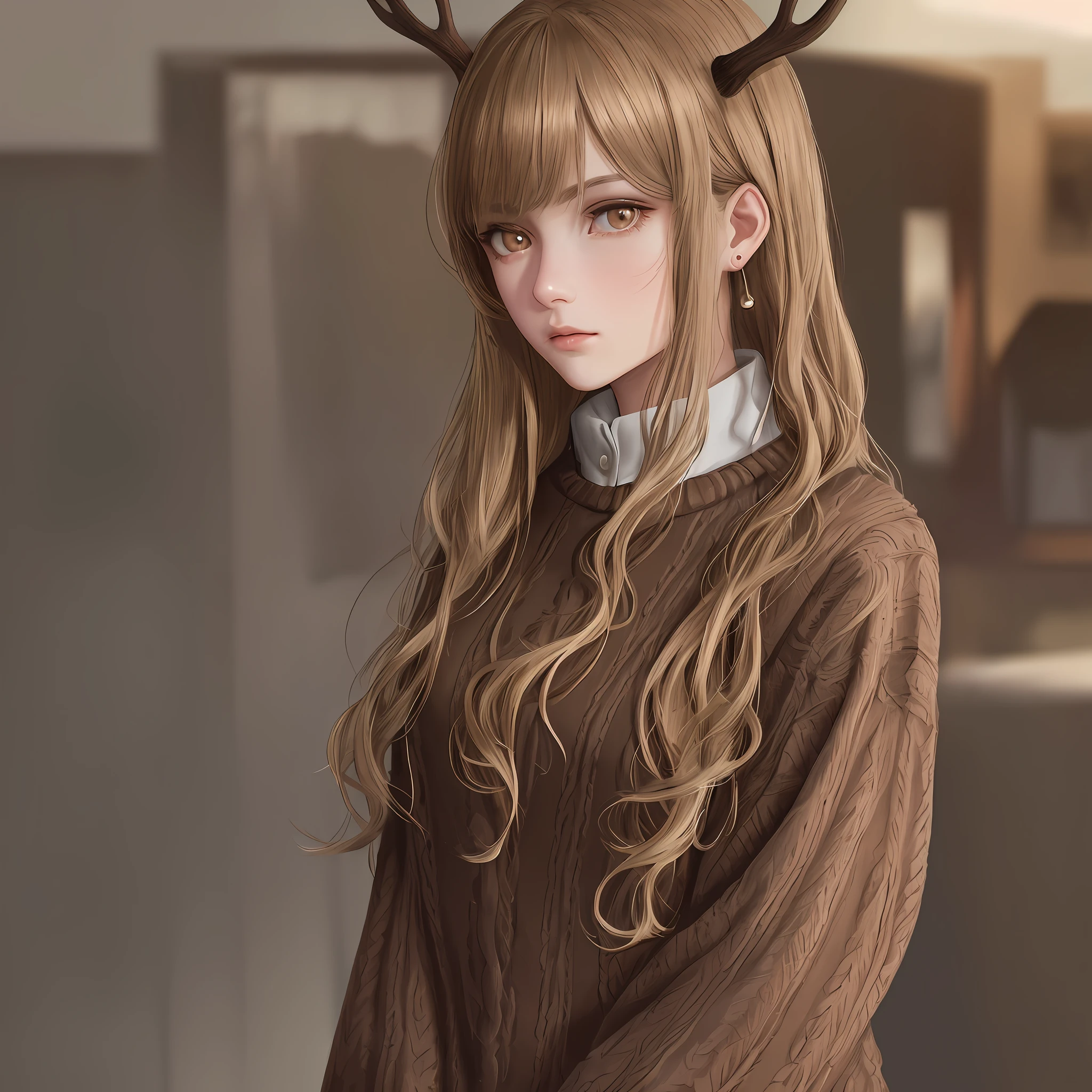 Girl, expression of disgust, short wavy hair, light brown hair with blonde locks in the bangs, split hair fringe, light brown eye, with three-eyed earring, dark red deer antlers, reddish brown sweater, light brown skin, detailed eyes, realistic eyes, detailed shadow, looking at the viewer, detailed lighting, (detailed hair), realistic hair, realistic lighting, realistic shadow, (realistic clothing), realistic leather, (best quality)