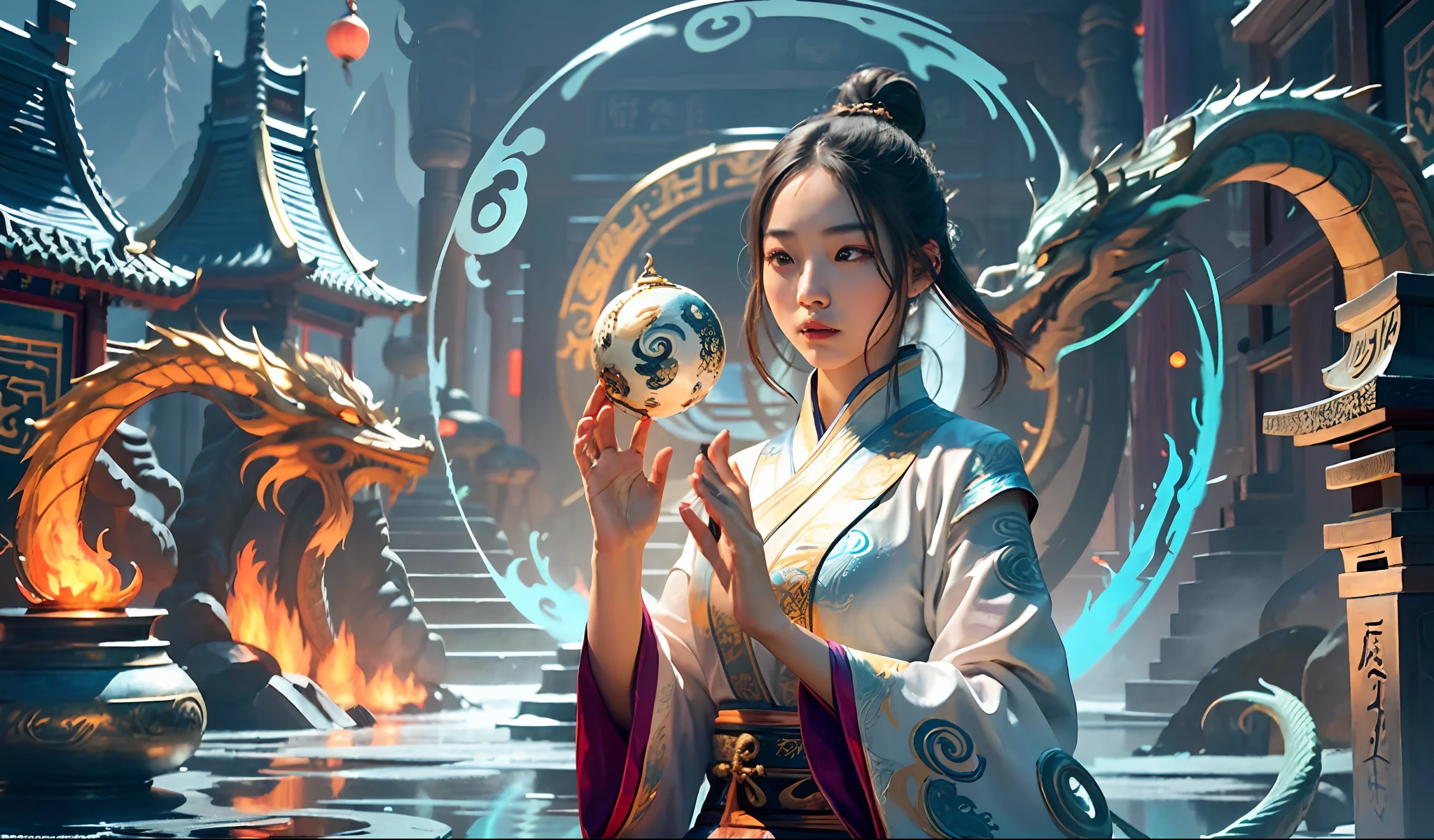 (harmony, balance, yin and yang), Chinese silk painting, Tai Chi principles, fluid movement, interrelated elements, interplay of contrasting forces, Taoist philosophy, touches of the I Ching, warm and cool tones, art of reflection, inspiration by Laozi, Zhuangzi, Yin-Yang Diagram, Tai Chi Diagram, Bagua Diagram, Unity of Spirit and Body, 1girl, ultra realistic face, highly detailed eyes, Solo, Taoism, Summoning Magic, Movie Lighting, Fire and Ice Split, Bagua Background, Circle Bagua, Yiyang, Taoist Practice, Meditation Sitting, Buddha Sitting, Spiral Dragon, Top Cloud Dragon,