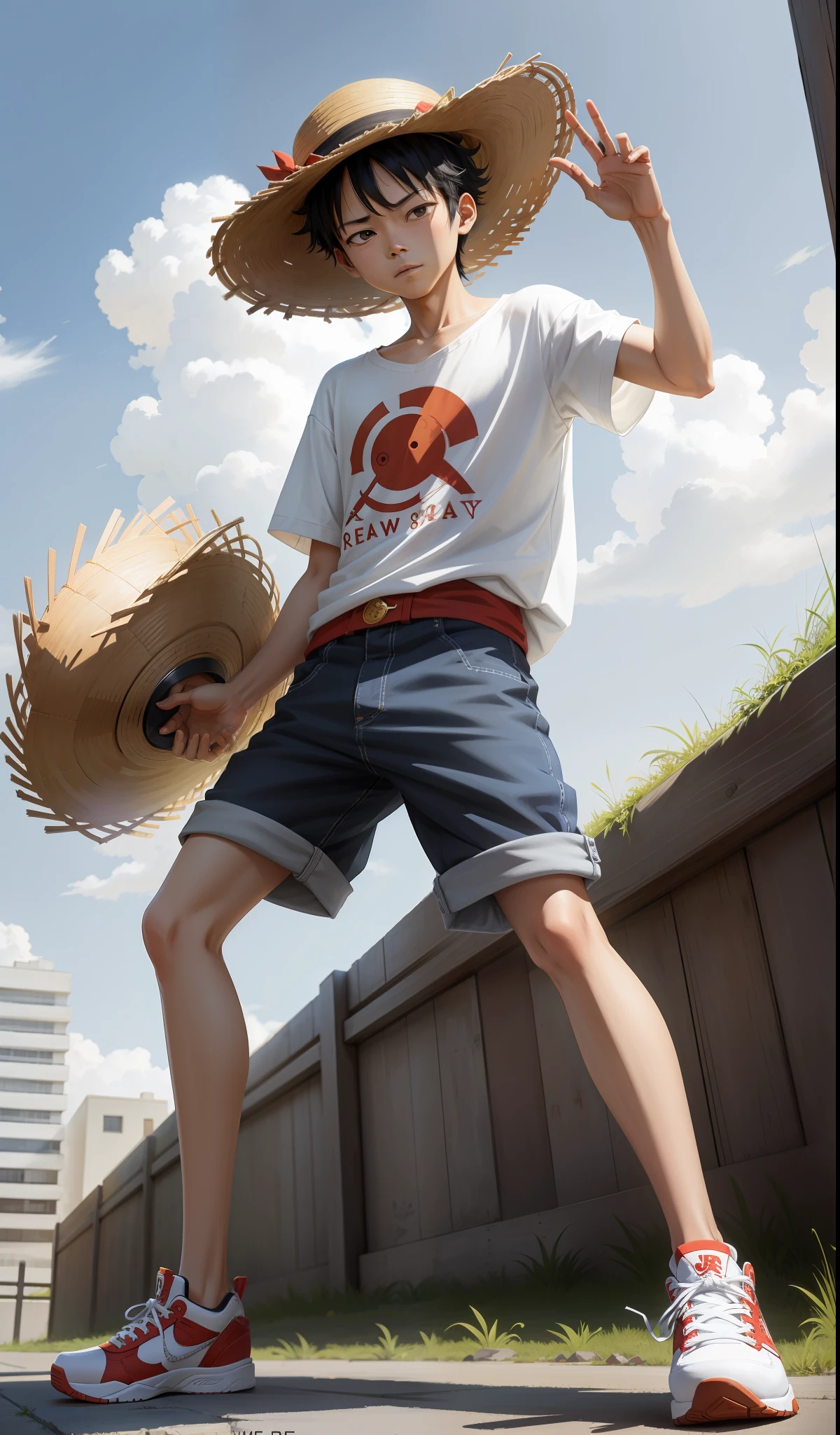 Luffy, straw hat, straw hat use, only 1 boy, dynamic pose, he is dressed in casual clothes, oversized clothes, full body, in Air Jordan shoes