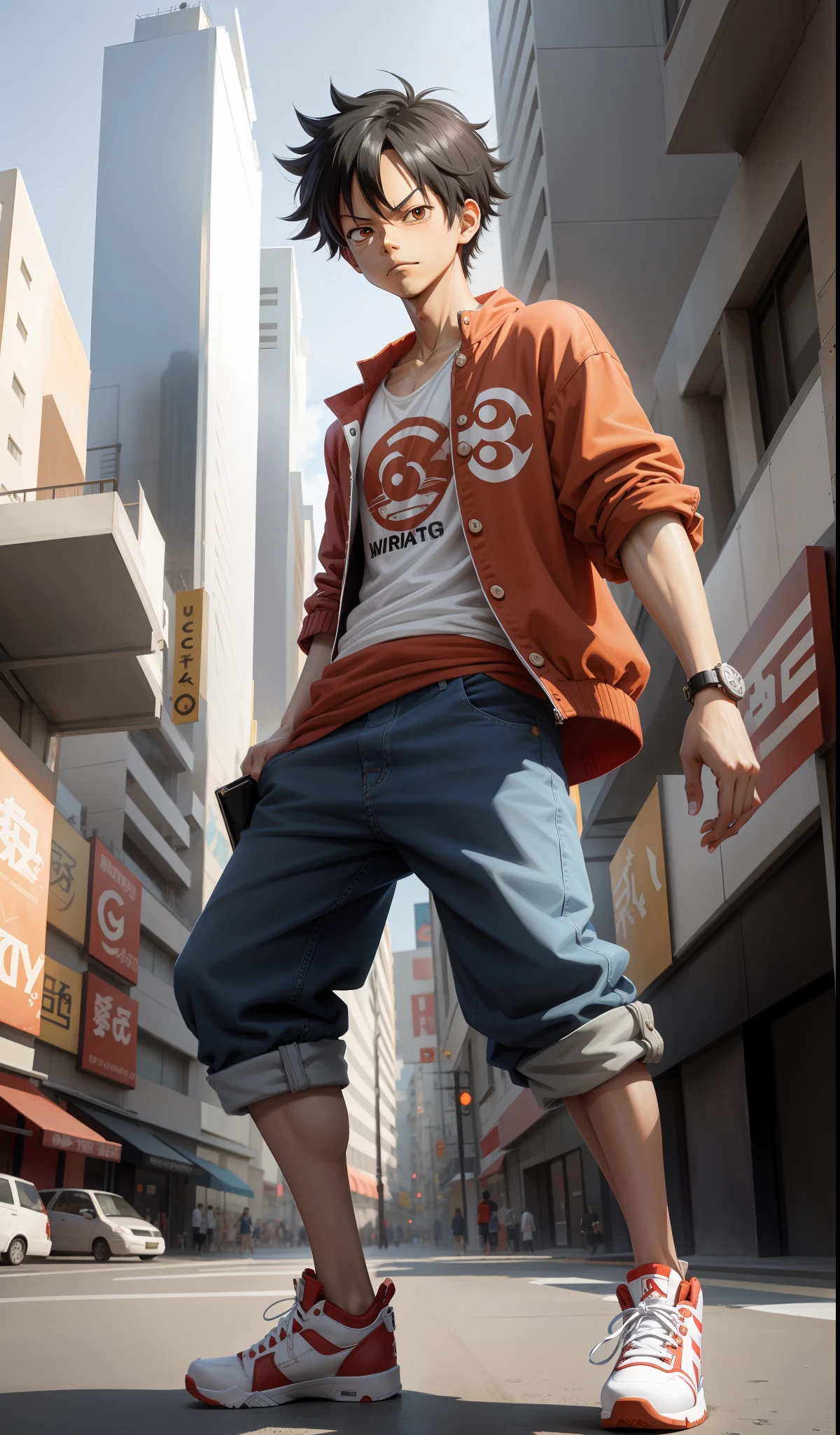 Luffy, Monkey D Luffy, only 1 boy, dynamic pose, he is dressed in casual clothes, oversized clothes, full body, in Air Jordan shoes, in the city