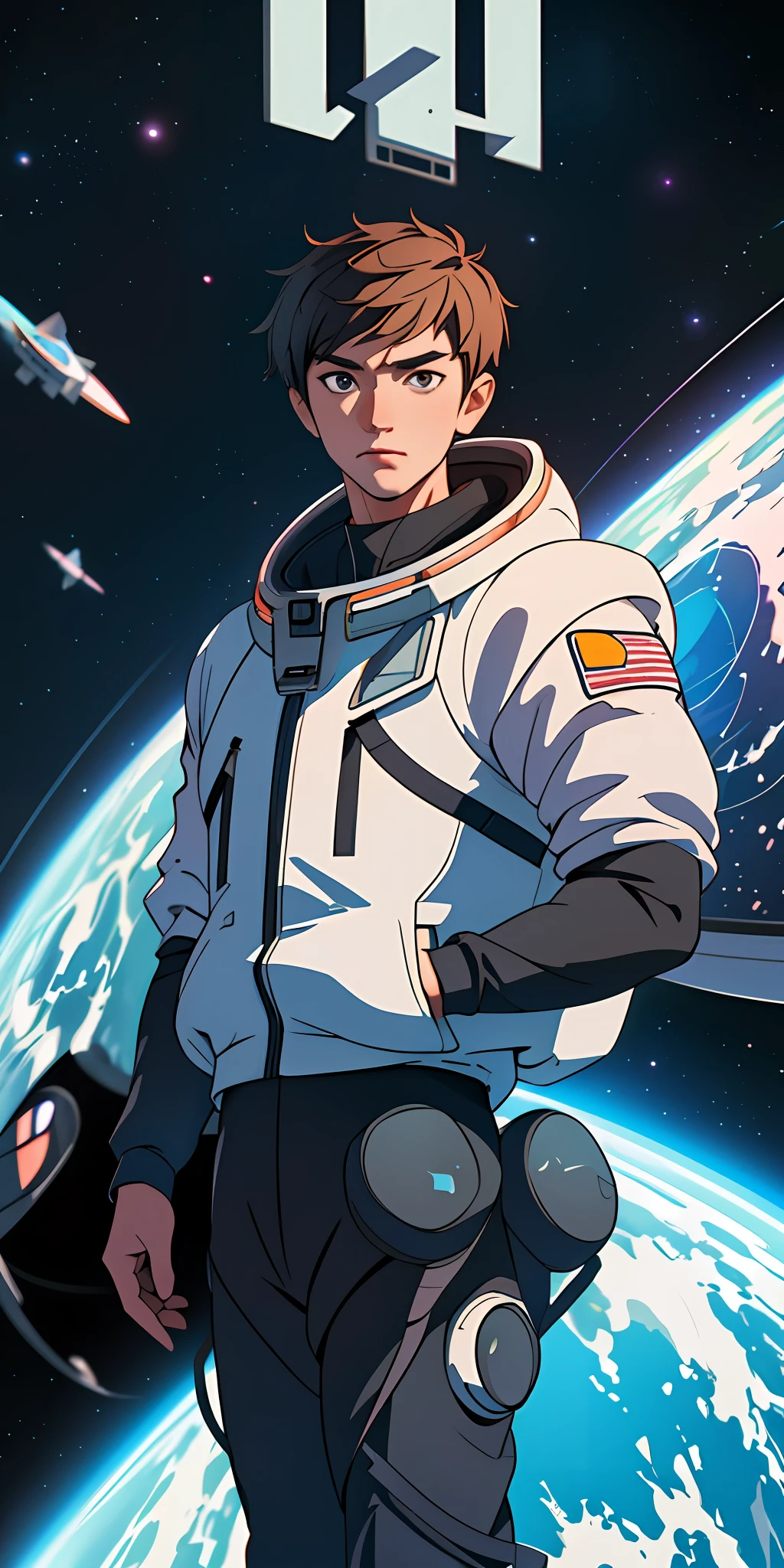 (Best Quality, Masterpiece), 1boy, Formal, Abstract, Look Viewer, Masculine, Blurred Background, Space Station, Space Tourism