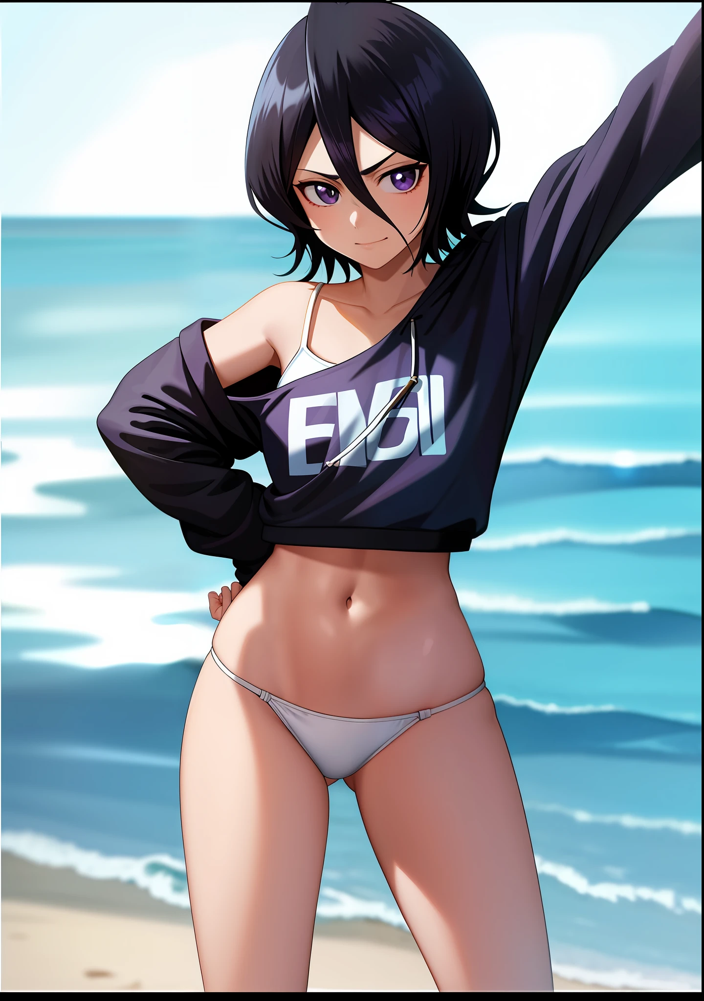 anime screenshot, night, beach, water, moon, night sky, 1girl, solo, short hair, black hair, purple eyes, looking at the viewer, hair between eyes, cowboy shot, closed mouth, cum on the face, smirk, standing, sweatshirt, bare legs, swimsuit, leaning forward, facing the viewer, unbuttoned, navel, wide hips, big ass