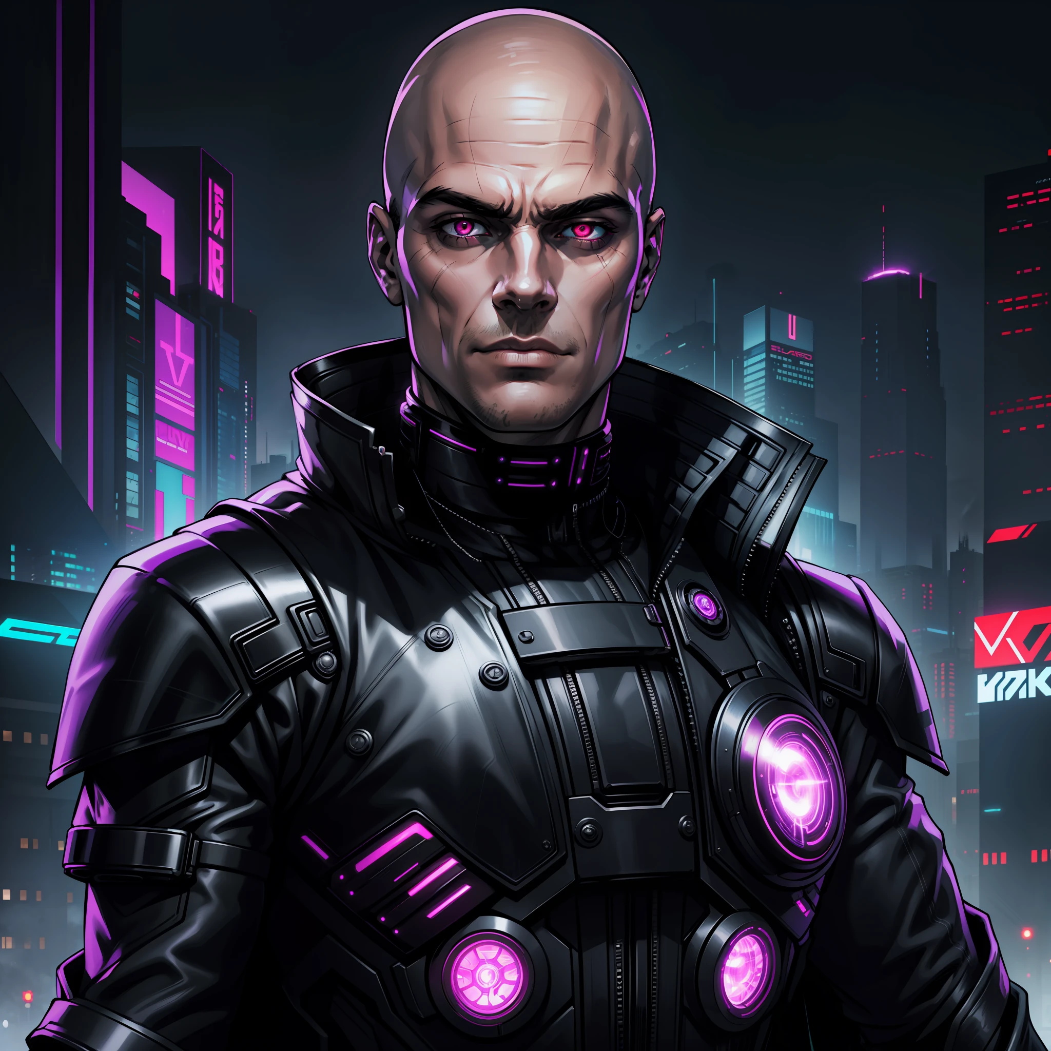 "(black and purple cyberpunk jacket:1) dark theme :: focus on closeup face, face face Henry Cavill, ultra realistic futuristic cyberpunk muscular bald male in front of futuristic buildings :: cool cybernetic punk jacket neon red eyes :: with metallic black shirt :: natural lighting :: bokeh :: 8k :: best quality :: masterpiece :: insanely detailed:1.5"