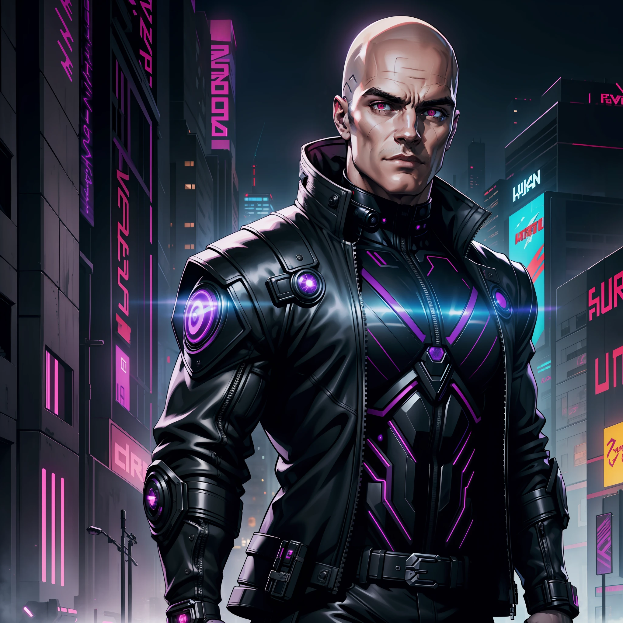 "(black and purple cyberpunk jacket:1) dark theme :: focus on closeup face, face face Henry Cavill, ultra realistic futuristic cyberpunk muscular bald male in front of futuristic buildings :: cool cybernetic punk jacket neon red eyes :: with metallic black shirt :: natural lighting :: bokeh :: 8k :: best quality :: masterpiece :: insanely detailed:1.5"