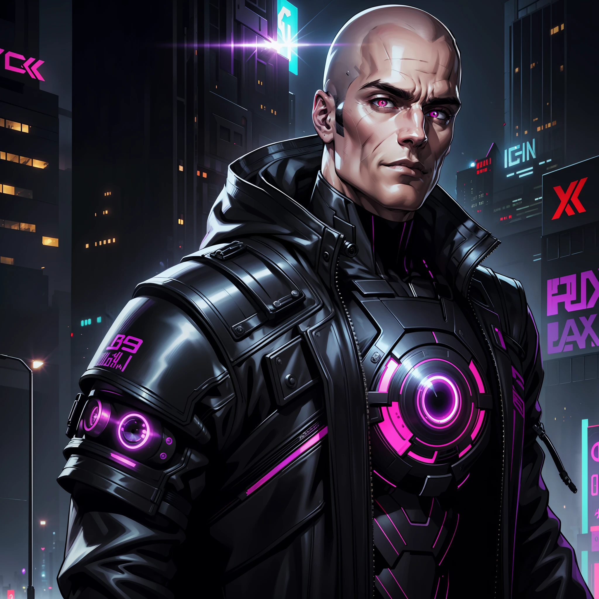"(black and purple cyberpunk jacket:1) dark theme :: focus on closeup face, face face Henry Cavill, ultra realistic futuristic cyberpunk muscular bald male in front of futuristic buildings :: cool cybernetic punk jacket neon red eyes :: with metallic black shirt :: natural lighting :: bokeh :: 8k :: best quality :: masterpiece :: insanely detailed:1.5"