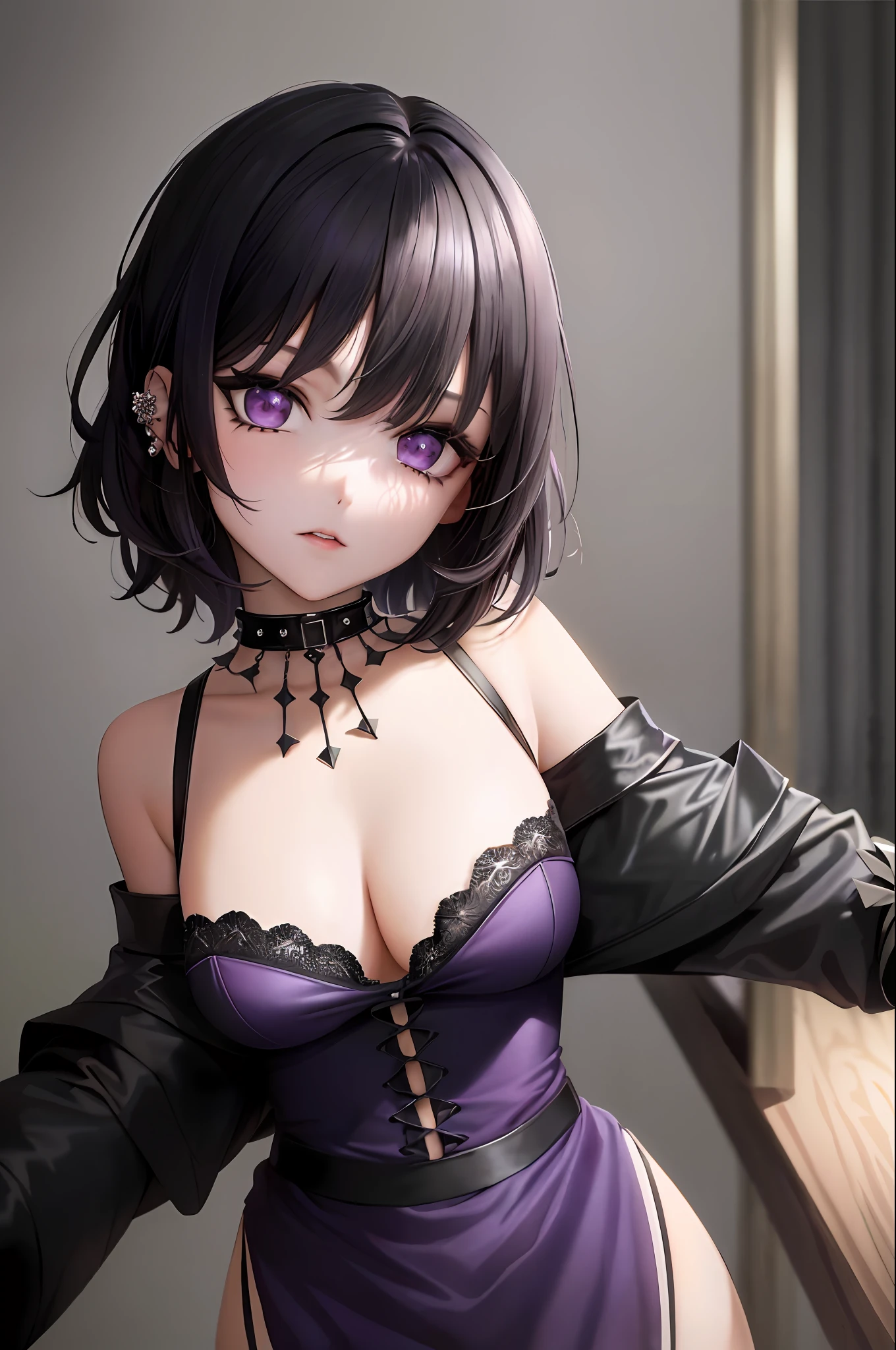 masterpiece, best quality, ultra-detailed, beautiful lighting, 1girl, goth, black hair, short hair, purple eyes, black eyeliner, black lips, piercing, spiked collar, looking at viewer