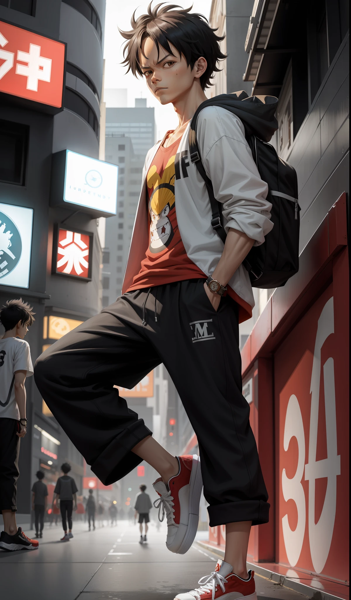 Luffy, Monkey D Luffy, only 1 boy, dynamic pose, he is dressed in casual clothes, oversized clothes, full body, in Air Jordan shoes, night city