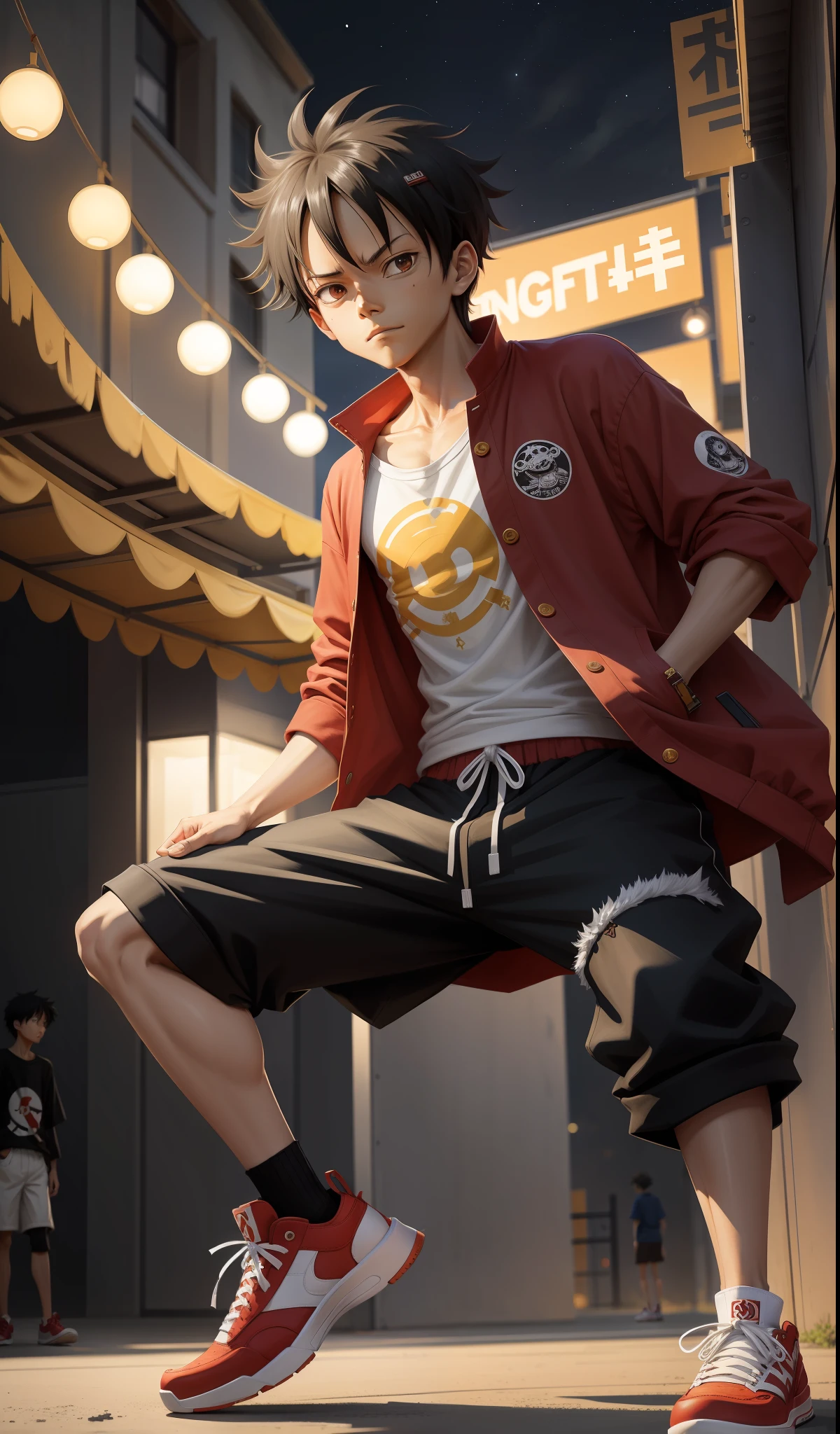 Luffy, Monkey D Luffy, only 1 boy, dynamic pose, he is dressed in casual clothes, oversized clothes, full body, in Air Jordan shoes, night city