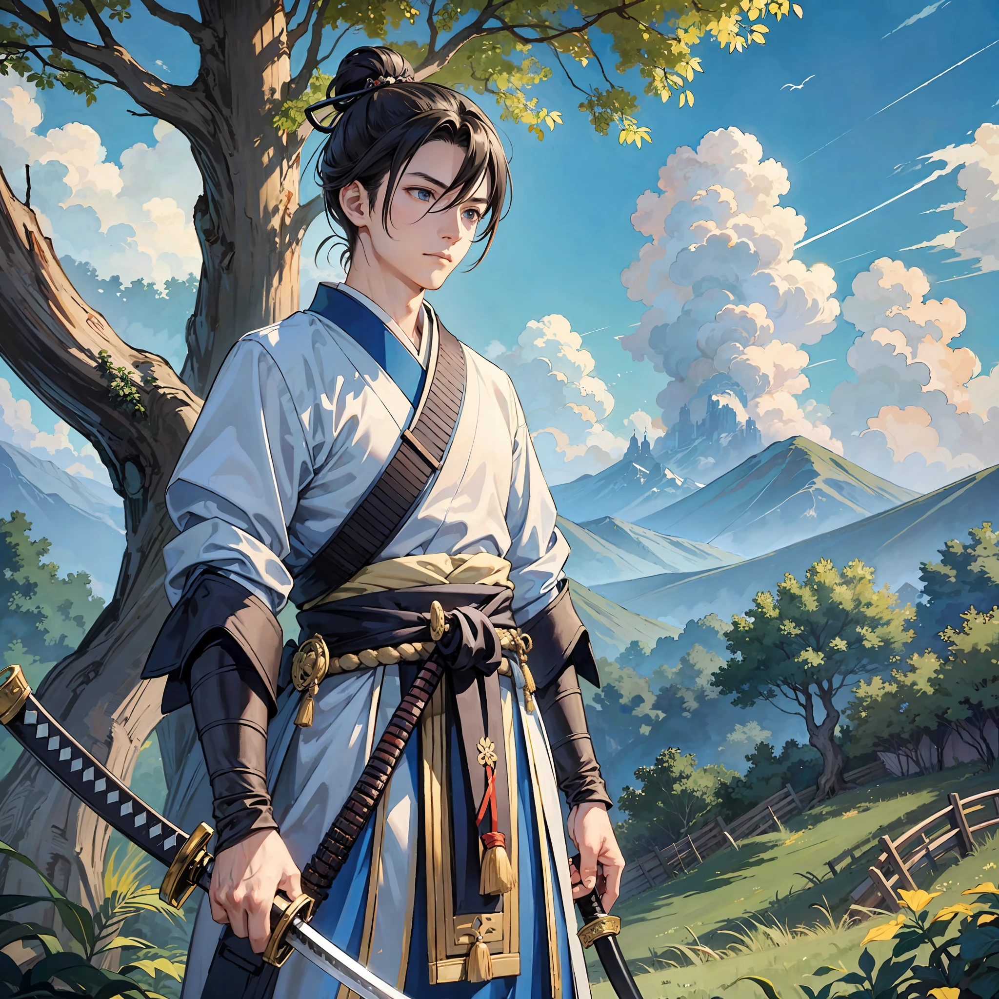 (Masterpiece) All the details in a CG scene, with the best quality. A man, home, boy, male, calm male with a Katana in one hand and a Kodachi in the other, hair tied in a samurai bun, wearing light Samurai clothes in a gorgeous landscape with plants and trees, background with blue sky mixing with the clouds. Something that impresses by the small details, possessing a calm and elegant atmosphere. --auto --s2