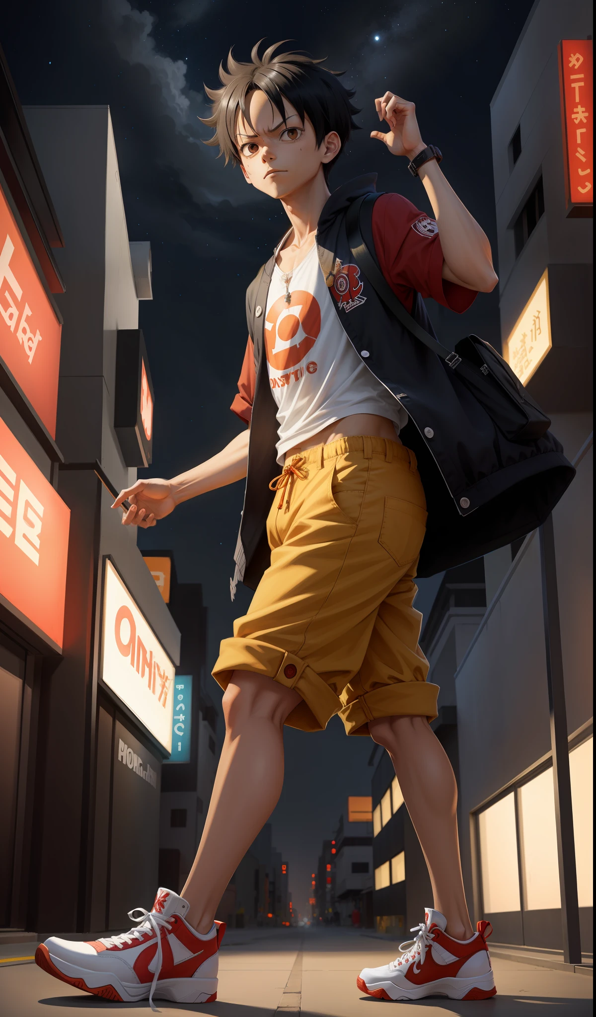 Luffy, Monkey D Luffy, only 1 boy, dynamic pose, he is dressed in casual clothes, oversized clothes, full body, in Air Jordan shoes, night city