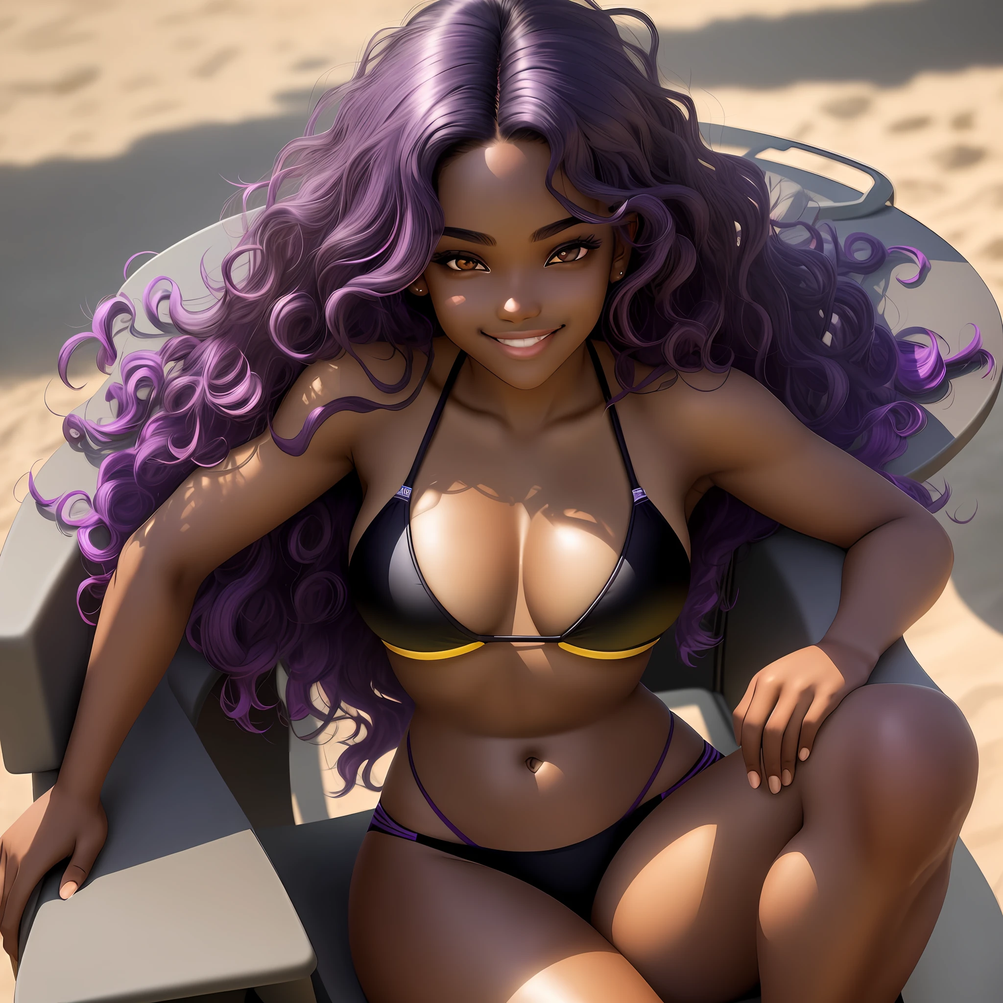 A cute girl with brown skin, sexy body, wavy purple hair [with shades of black], golden eyes ( bright ), ultra realistic eyes, smiling, sitting in a chair, Sexy Bikini [ black color ], round face, realistic lighting, Radiosity, Close UP.