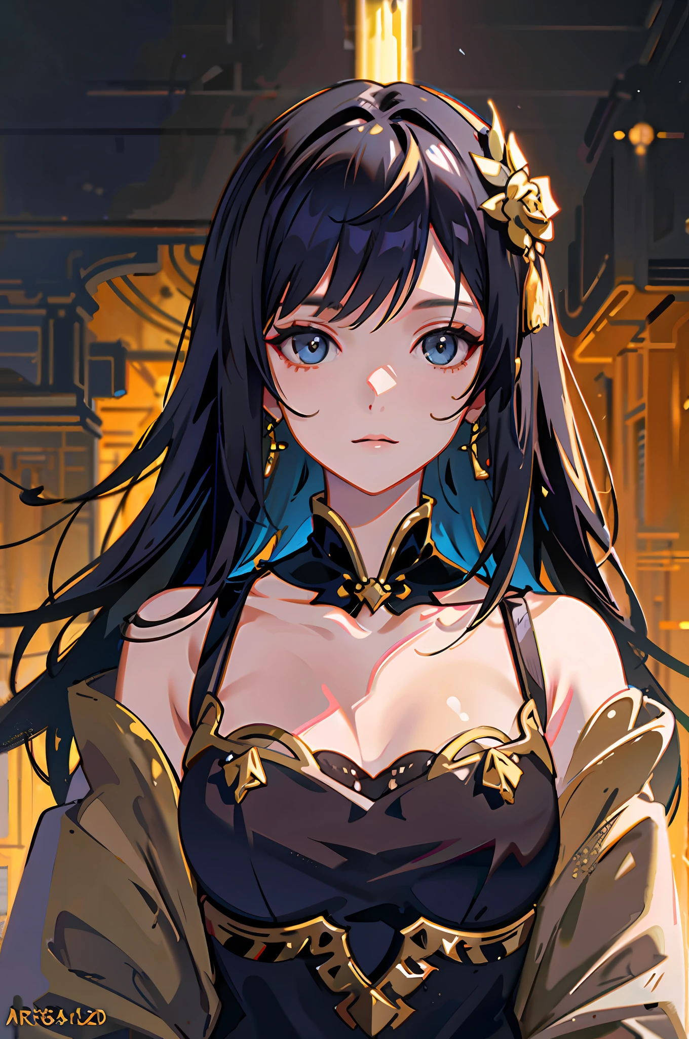 Blonde hair, big breasts, extreme detail portrayal, close-up of face, a girl wearing golden earrings, trends on artstation, 8k resolution, very detailed, anatomically correct, clear images, digital painting, concept art, trends on pixiv, Makoto Shinkai style,
