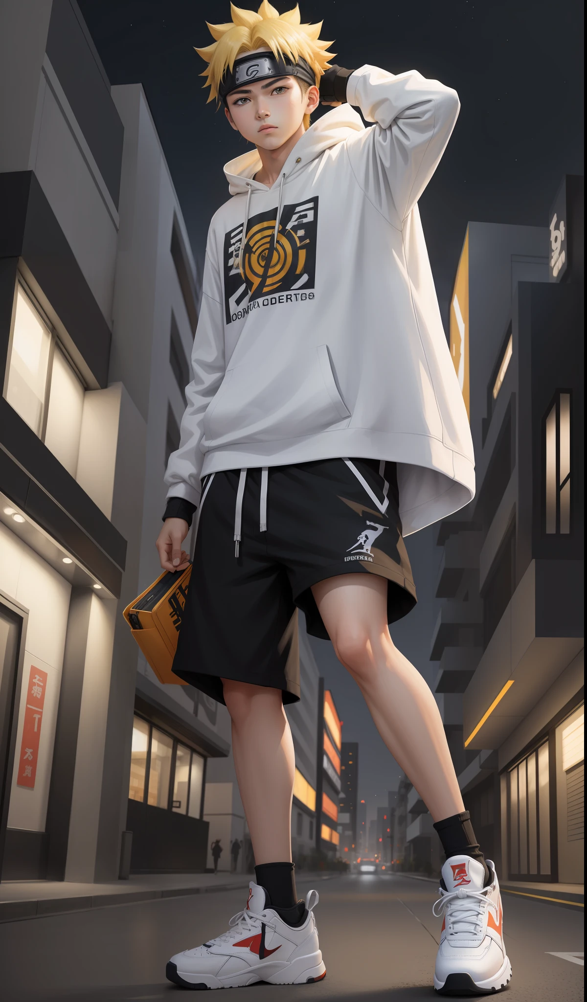 Masterpiece, Best Quality, Naruto, only 1 boy, dynamic pose, he is dressed in casual clothes, oversized clothes, full body, in Air Jordan shoes, night city
