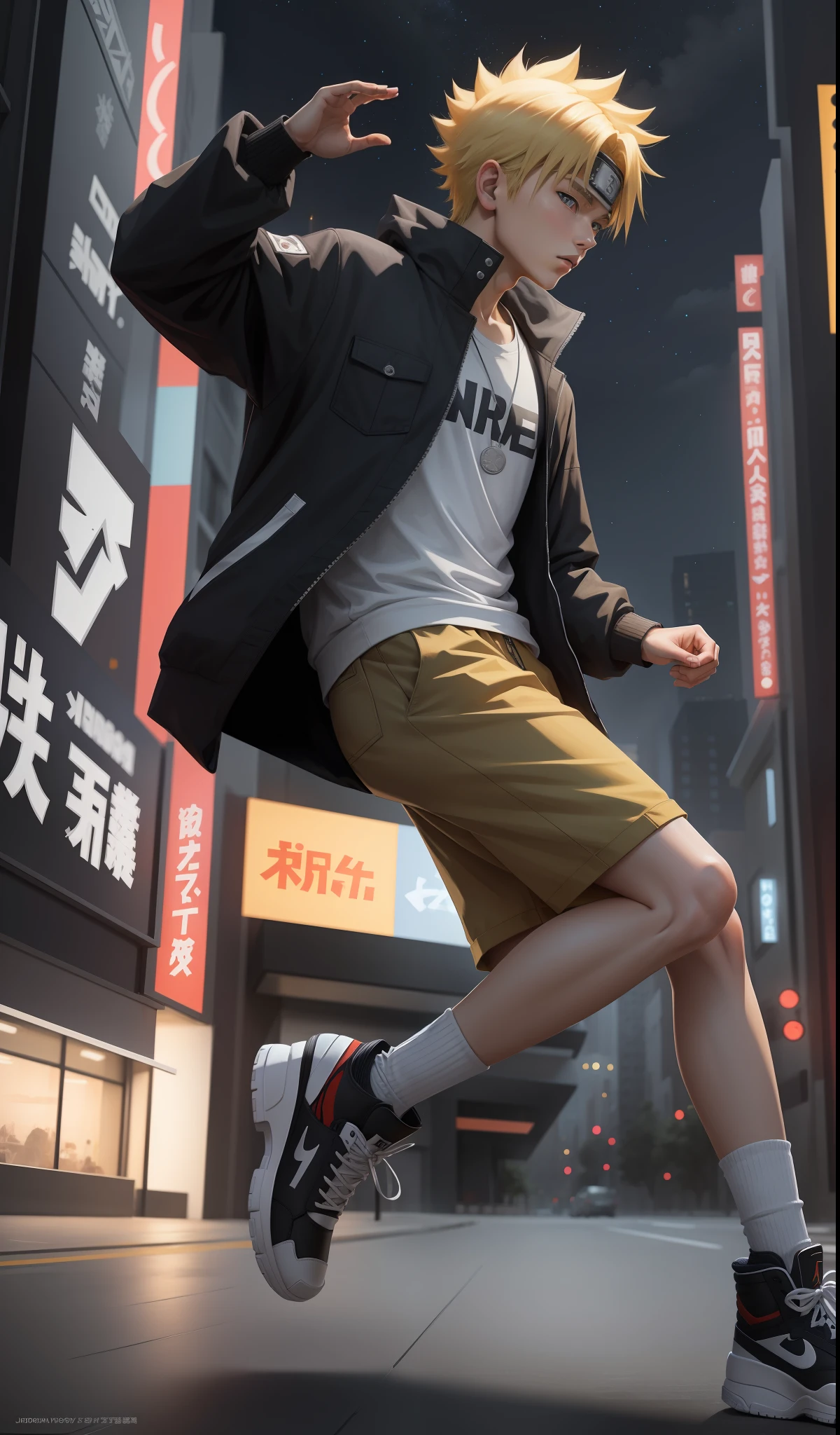 Masterpiece, Best Quality, Naruto, only 1 boy, dynamic pose, he is dressed in casual clothes, oversized clothes, full body, in Air Jordan shoes, night city