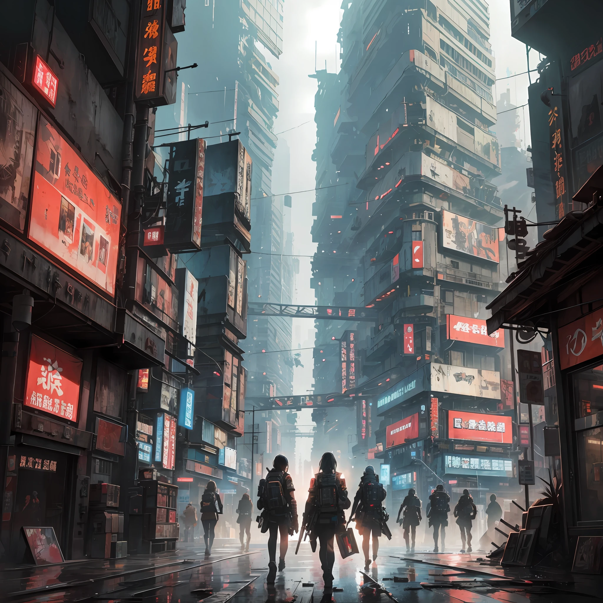 absurdres, highres, ultra detailed, (1girl:1.3), arafed image of a group of people walking down a street, set in post apocalyptic tokyo, post apocalyptic tokyo, digital concept art of dystopian, kowloon cyberpunk, hyper realistic cyberpunk city, kowloon cyberpunk cityscape, urban concept art, hyper-realistic cyberpunk style, post - apocalyptic city streets, dystopian cyberpunk city, an abandoned dystopian city, bastien grivet