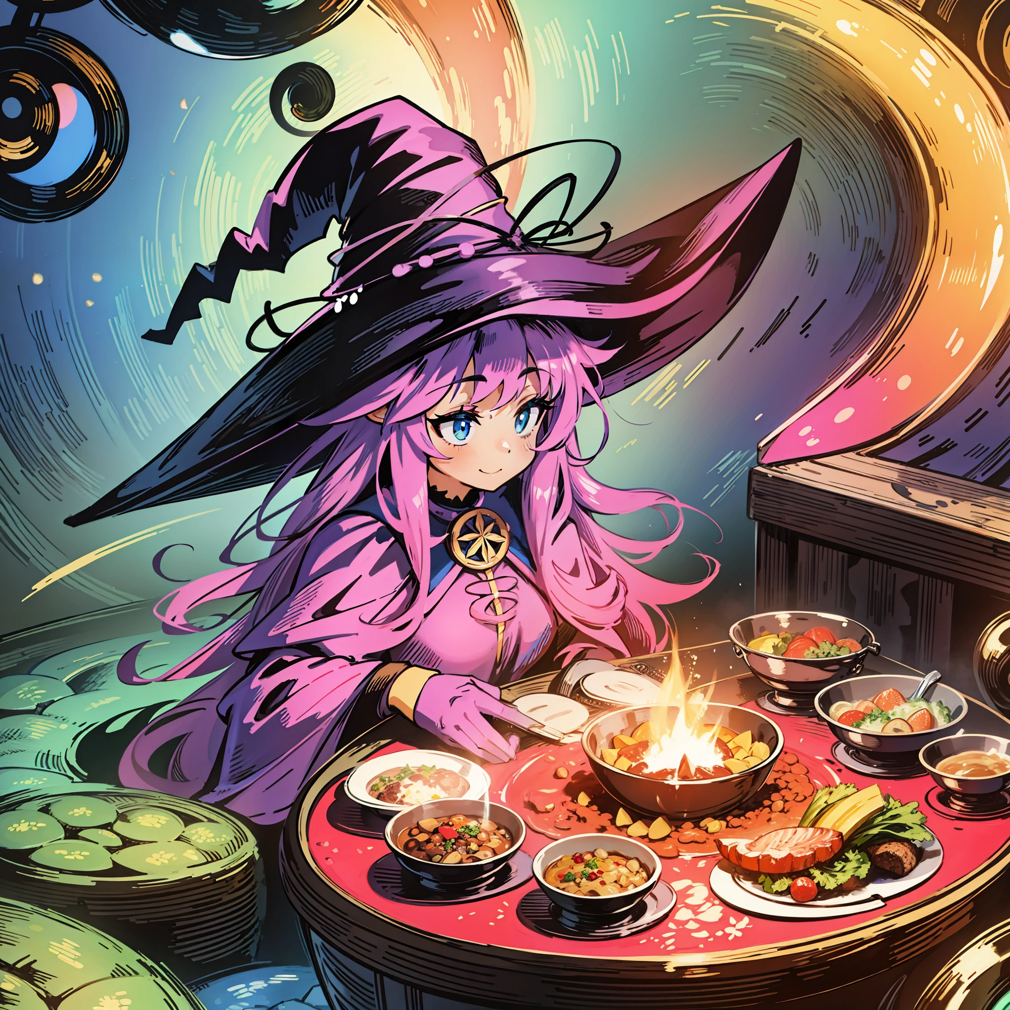 Create witch, super colorful, preparing a magical portion, mysterious place but very colorful and funny, hd --auto --s2