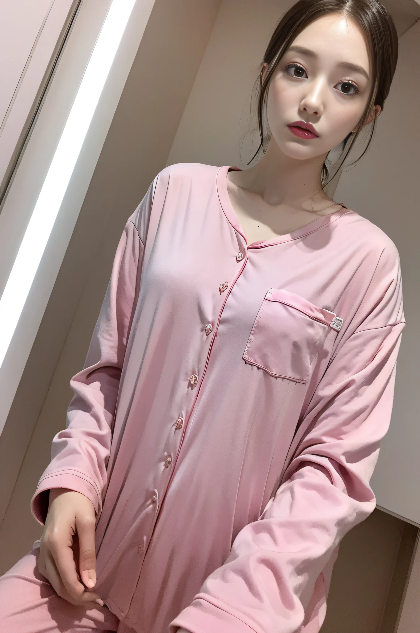 Pale pink pajamas, slender beauty 1, inside a spaceship