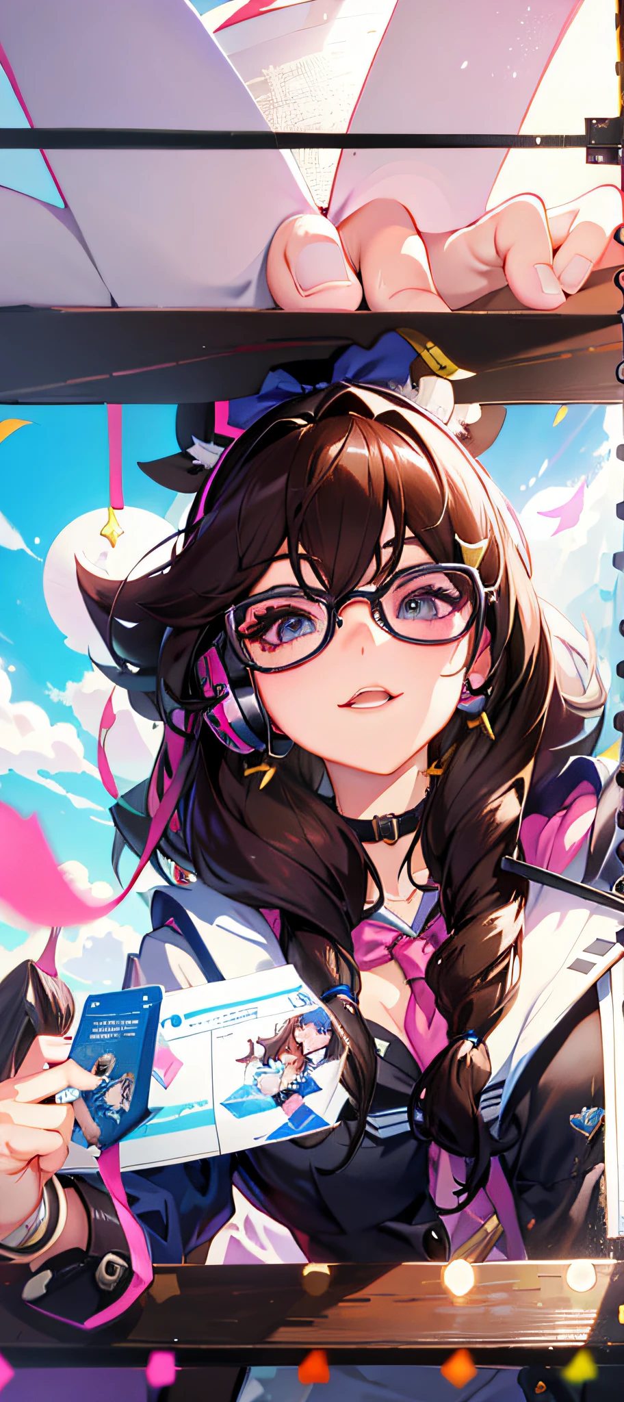 There is a woman with brown hair and black glasses with big pink headphones, Belle Delphine, RossDraw Cartoon Vibrant, :: Rossdraws, IG Studios anime style, RossDraw 1. 0, artgerm style, rossdraw and jazza, rossdraw 2. 5th, Ross 2. 0, rossdraws portrait, extremely detailed artgerm, artgerm portrait