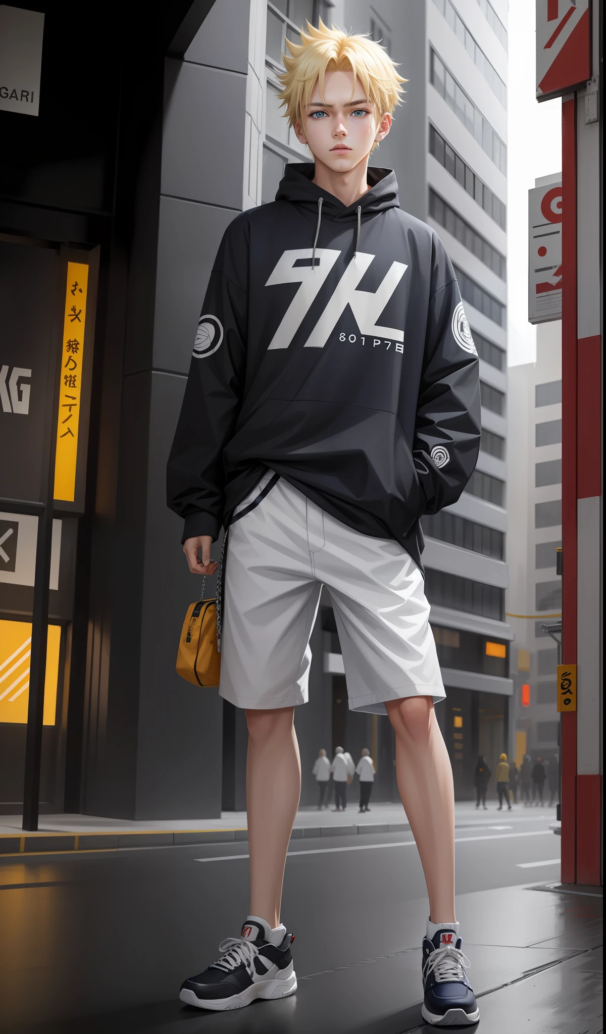 Masterpiece, Best Quality, Naruto, only 1 boy, blonde, blue eyes, dynamic pose, he is dressed in casual clothes, oversized clothes, full body, in Air Jordan shoes, night city