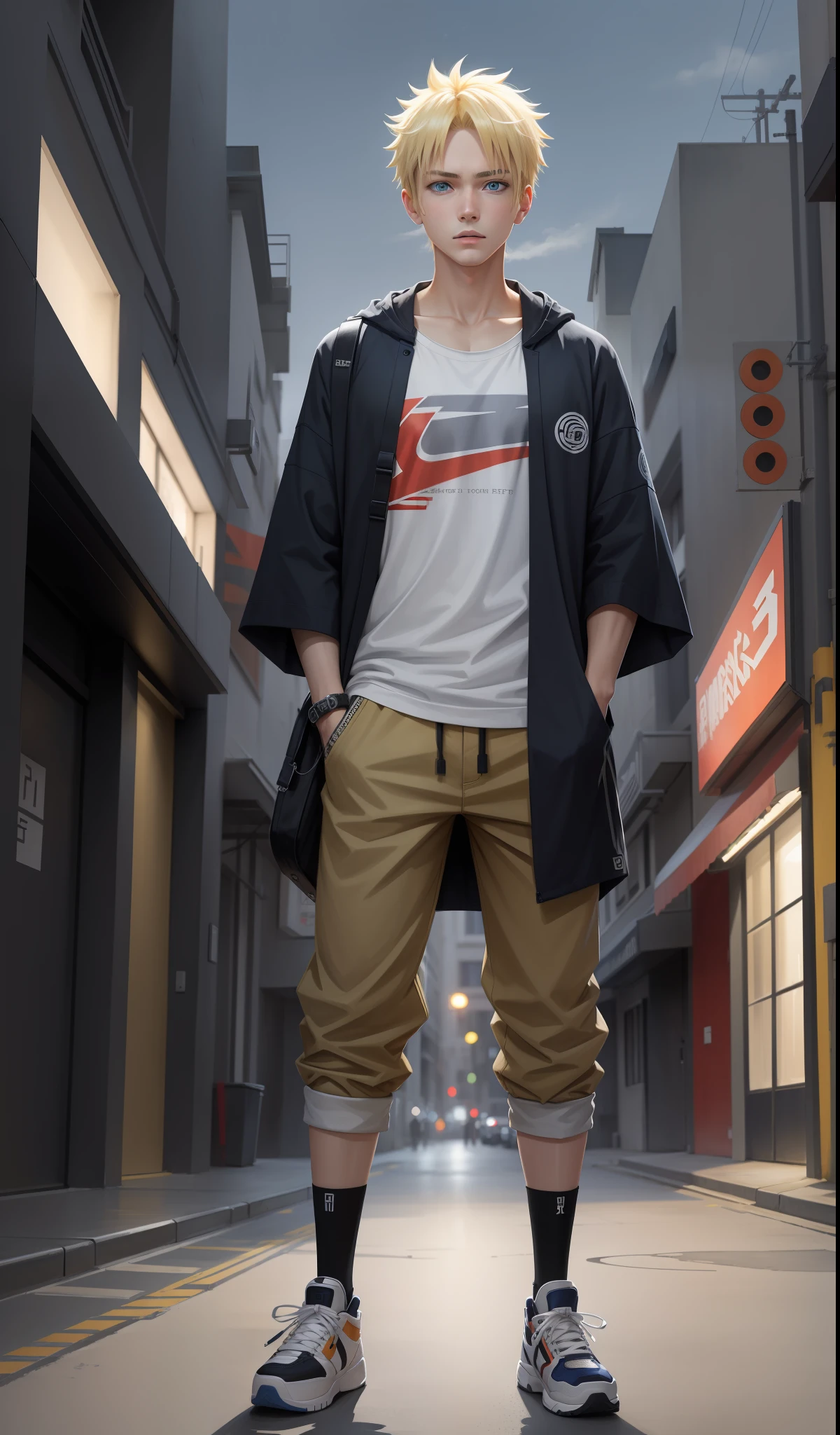 Masterpiece, Best Quality, Naruto, only 1 boy, blonde, blue eyes, dynamic pose, he is dressed in casual clothes, oversized clothes, full body, in Air Jordan shoes, night city