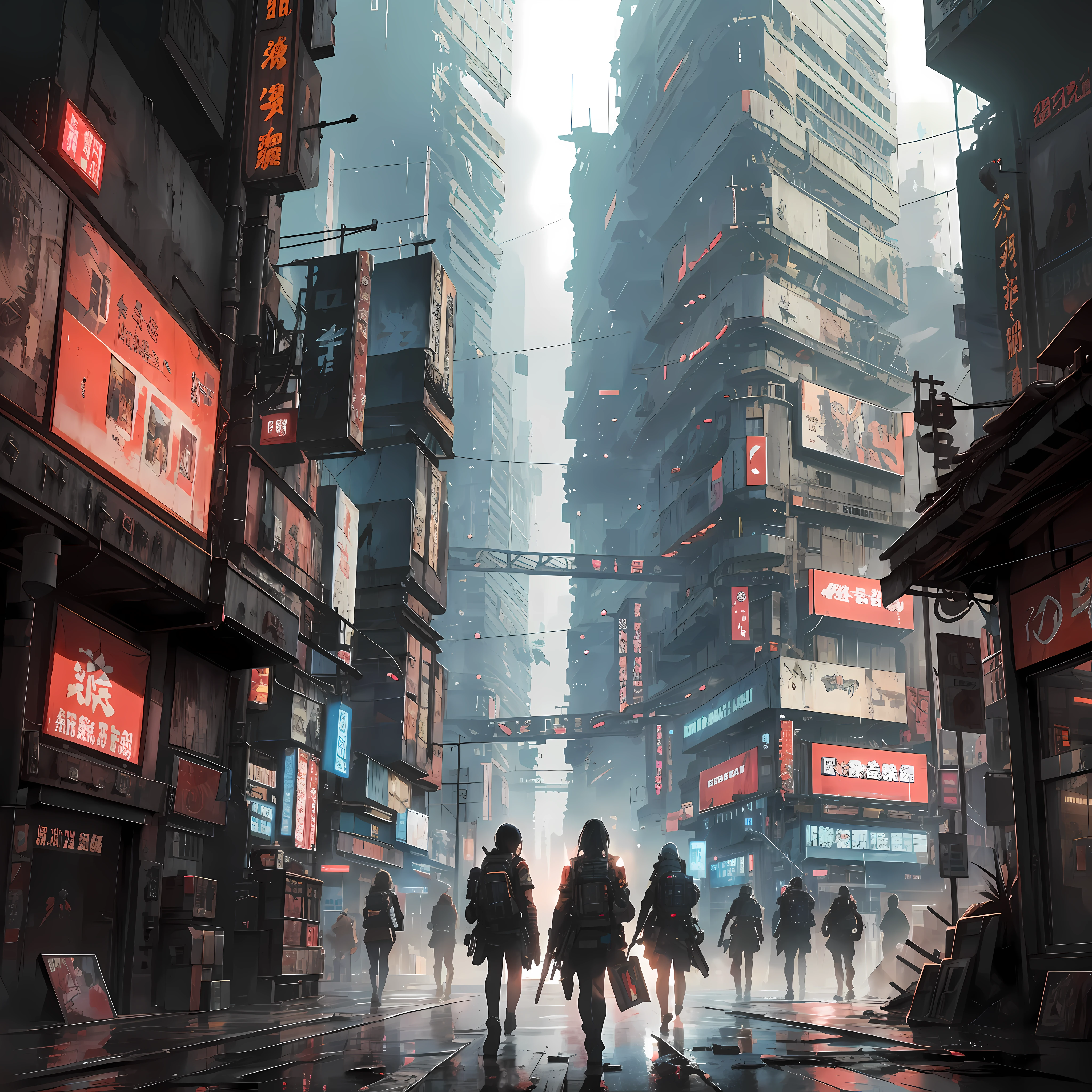 absurdres, highres, ultra detailed, (1girl:1.3), arafed image of a group of people walking down a street, set in post apocalyptic tokyo, post apocalyptic tokyo, digital concept art of dystopian, kowloon cyberpunk, hyper realistic cyberpunk city, kowloon cyberpunk cityscape, urban concept art, hyper-realistic cyberpunk style, post - apocalyptic city streets, dystopian cyberpunk city, an abandoned dystopian city, bastien grivet