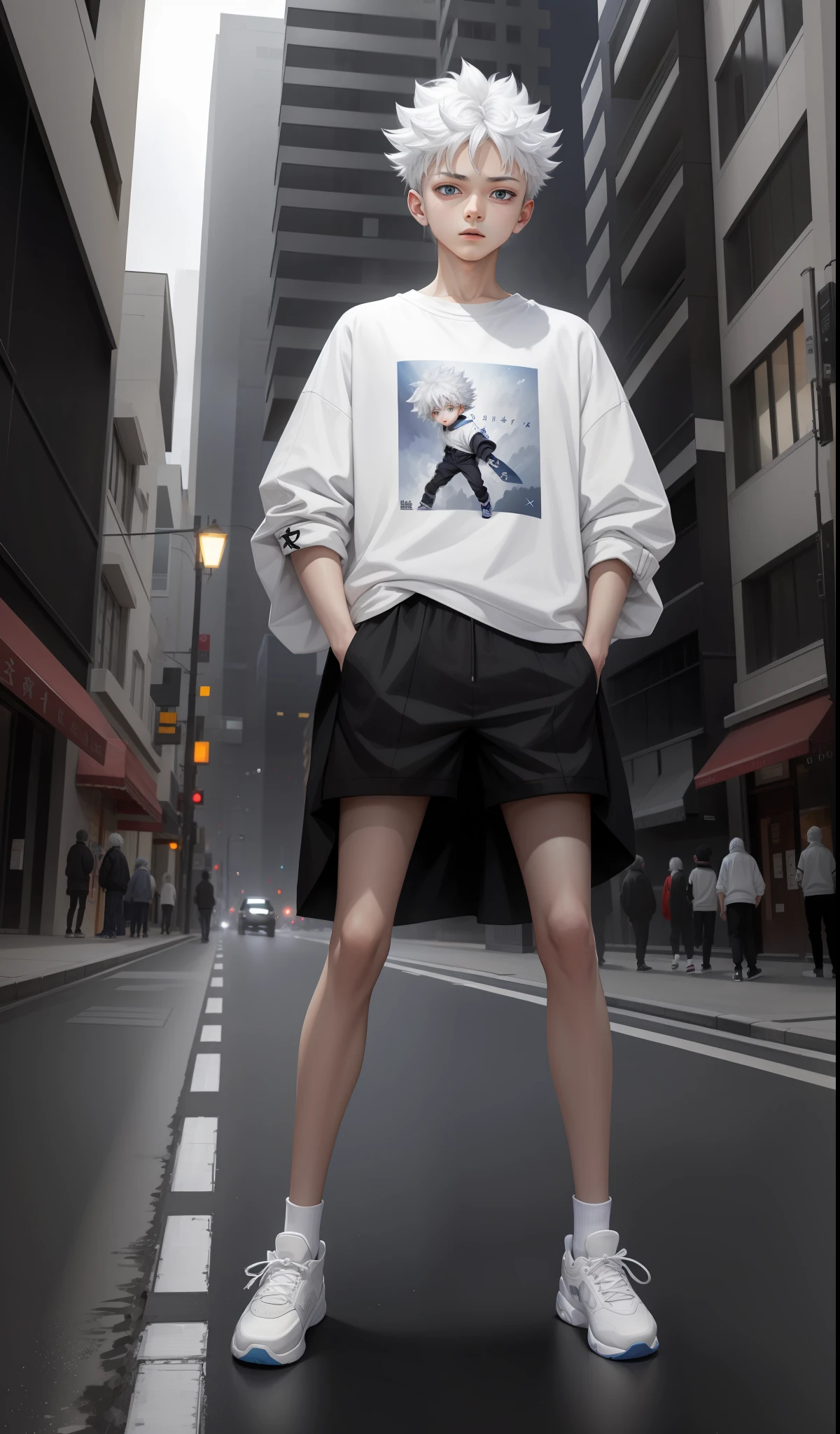 Masterpiece, Best Quality, Killua Zoldyck, only 1 boy, white hair, blue eyes, dynamic pose, he is dressed in casual clothes, oversized clothes, full body, in Air Jordan shoes, night city