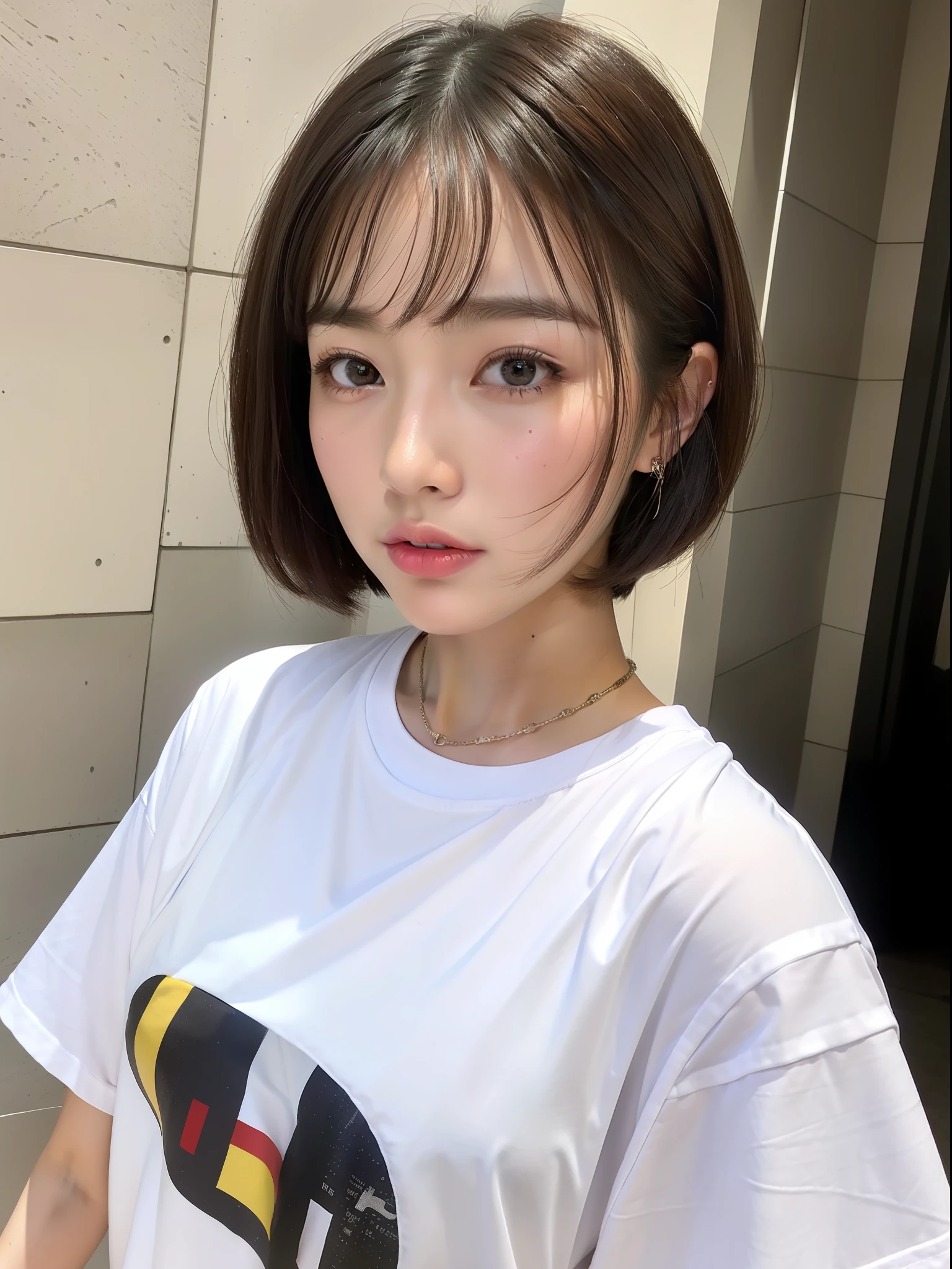 (8k:1.27), (best quality, masterpiece, super high definition:1.2), realistic, (1 girl:1.8), (solo:1.8), (night:1.2), Instagram photos, street snaps, high school students, cute Japan women pictures (beautiful:1.1), t-shirts, oversized t-shirts, (big t-shirts: 2), black t-shirts, photo t-shirts, wearing heavyweight T-shirts, highly detailed face and skin texture, delicate eyes, double eyelids, whitening skin, short hair, short hair, Japan streetwear, oversized T-shirts,