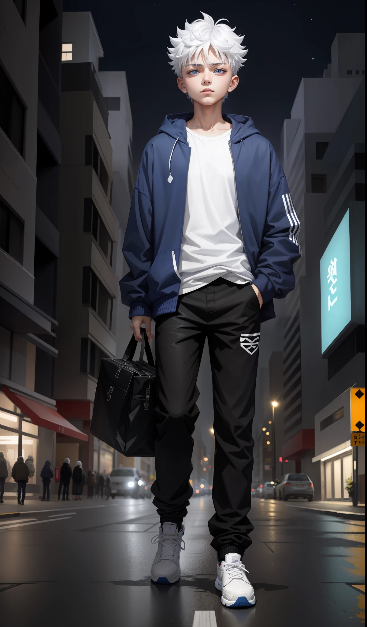 Masterpiece, Best Quality, Killua Zoldyck, only 1 boy, white hair, blue eyes, dynamic pose, he is dressed in casual dark clothes, oversized clothes, full body, in Air Jordan shoes, colorful city at night