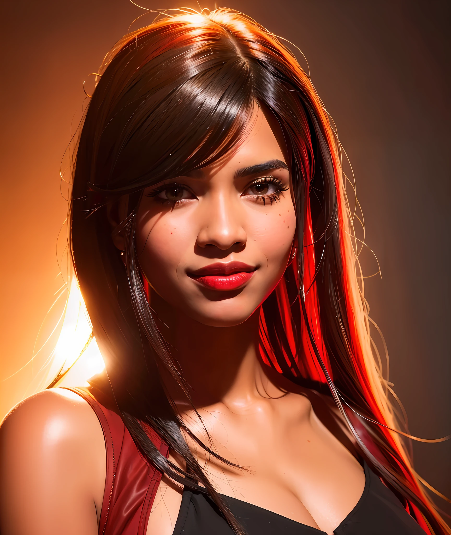 Young smiling black woman with long black hair and a brown and red dress, modern darna portrait, photorealistic portrait, (((brown and red dress)))), stunning photo, stunning art, ((((black woman))), realistic, detailed, hd