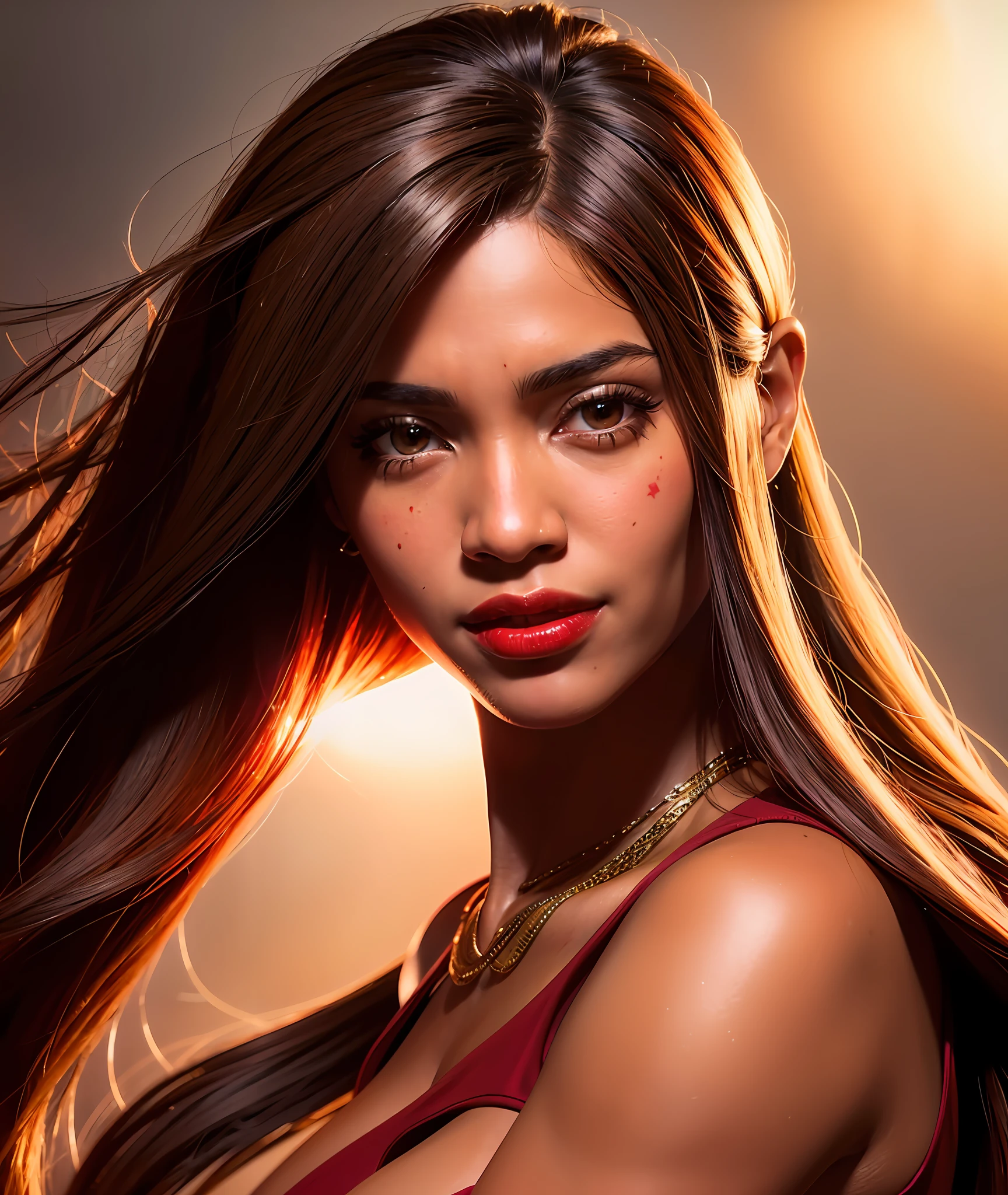 Young smiling black woman with long black hair and a brown and red dress, modern darna portrait, photorealistic portrait, (((brown and red dress)))), stunning photo, stunning art, ((((black woman))), realistic, detailed, hd