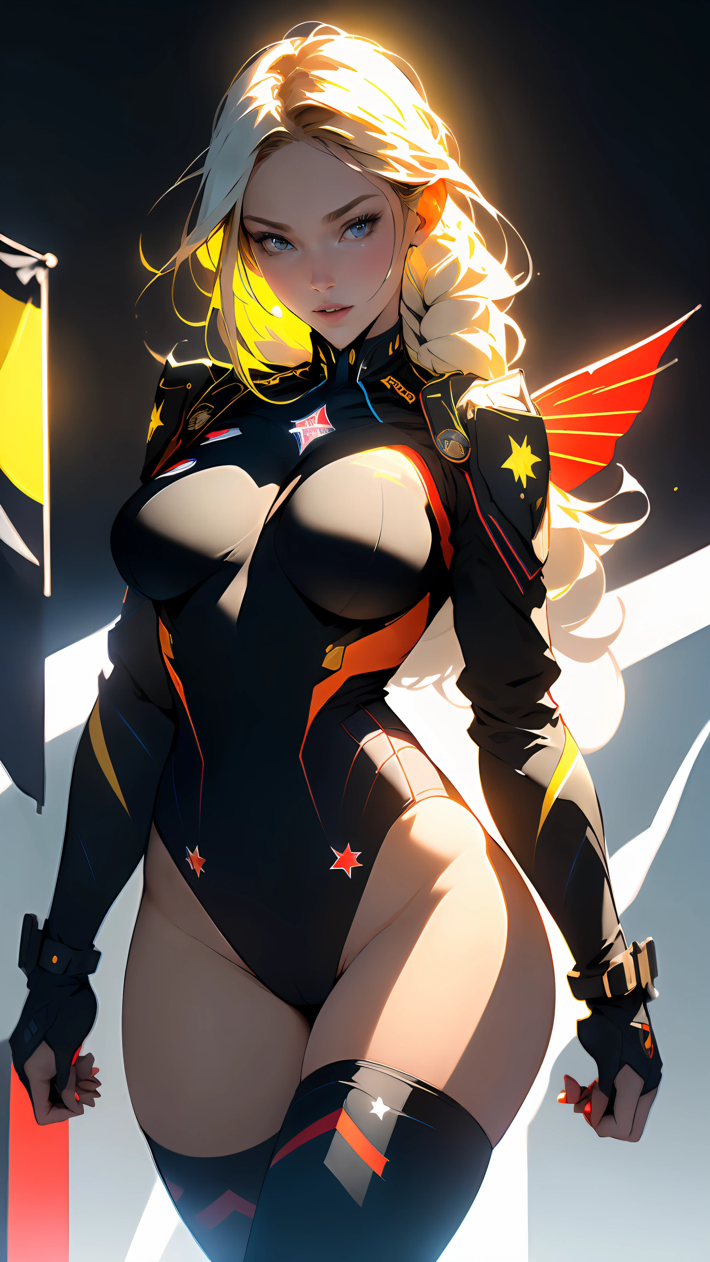 ((Best quality)), ((masterpiece)), (detailed: 1.4), Absurd, Fighter pilot Caucasian woman defined muscular body, wearing a braid, half thick naked thighs, closed mouth, only panties, muscular body parts covered by technological clothing, (((large breasts)) perfect, generous neckline, ((black, yellow and red clothing)), Germany, pastel, long light brown straight hair with moth, short underwear,  garter belt, by mucha, niji --V5, close to real, best quality, almost naked, psychopath, crazy face, sexy pose, background with a black eagle symbol of Germany, 2 pieces clothing, star designs and lightning on the arms, cyberpunk, black bra with the eagle covering the breasts, ((((clothes with the colors of the flag of Germany))), pointed shoulder pads,  Blue eyes without pupils, HDR (High Dynamic Range),Ray Tracing,NVIDIA RTX,Super-Resolution,Unreal 5,Subsurface dispersion, PBR texture, Post-processing, Anisotropic filtering, Depth of field, Maximum clarity and sharpness, Multilayer textures, Albedo and specular maps, Surface shading, Accurate simulation of light-material interaction, Perfect proportions, Octane Render, Two-tone lighting, Wide aperture, Low ISO, White balance,  Rule of thirds, 8K RAW, crysisnanosuit