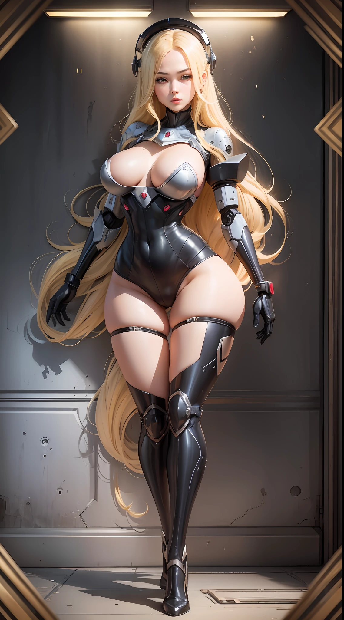 Masterpiece, Superb 1girl, tights, full body, long hair, blonde, robotic arms, big breasts, black stockings --auto --s2