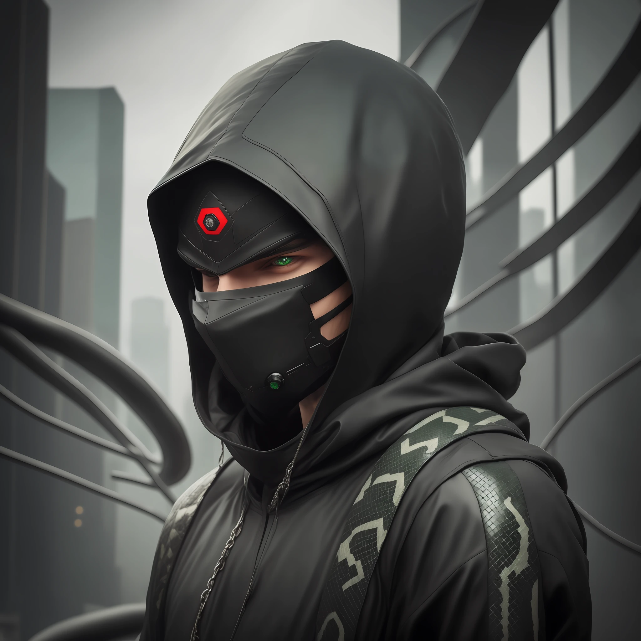 man with black hood and mask standing in front of a giant and green snake eye, hyperrealistic cyberpunk style, cyberpunk street goon, cyberpunk hacker, cyberpunk style, hyper-realistic, cyberpunk killer, portrait of a cyberpunk cyborg, ultrarealistic 8k cyberpunk art, portrait of a cyberpunk man, dystopian sci-fi character, cyberpunk techwear, cyberpunk character, cyberpunk wearing, green snake eyes