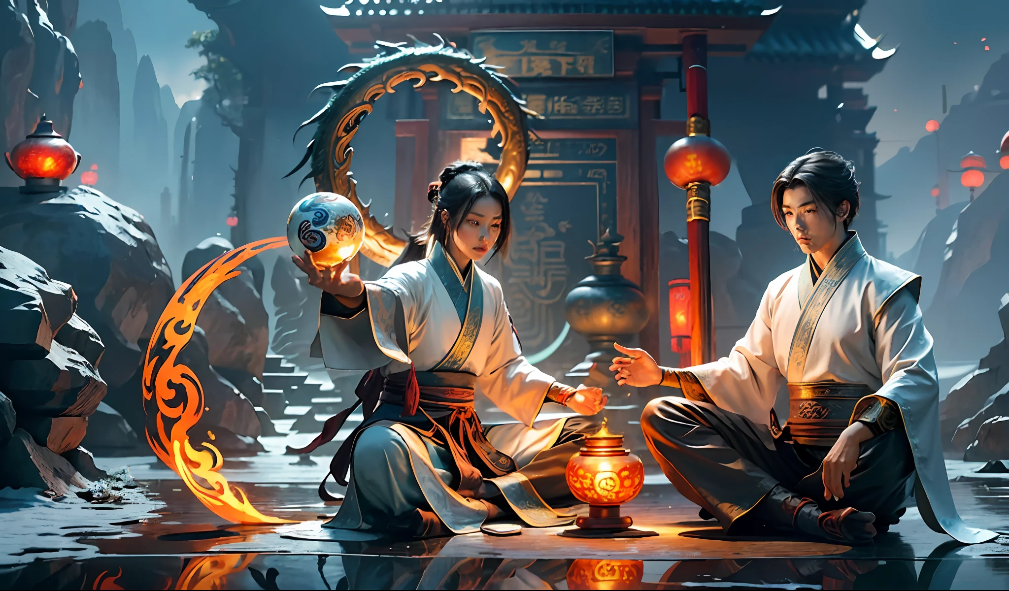 (harmony, balance, yin and yang), Chinese silk painting, Tai Chi principles, fluid movement, interrelated elements, interplay of contrasting forces, Taoist philosophy, touches of the I Ching, warm and cool tones, art of reflection, inspiration by Laozi, Zhuangzi, Yin-Yang Diagram, Tai Chi Diagram, Bagua Diagram, Unity of Spirit and Body, 1 attractive boy, 1girl, ultra realistic face, highly detailed eyes, Solo, Taoism, Summoning Magic, Movie Lighting, Fire and Ice Split, Bagua Background, Circle Bagua, Yiyang, Taoist Practice, Meditation Sitting, Buddha Sitting, Spiral Dragon, Top Cloud Dragon,