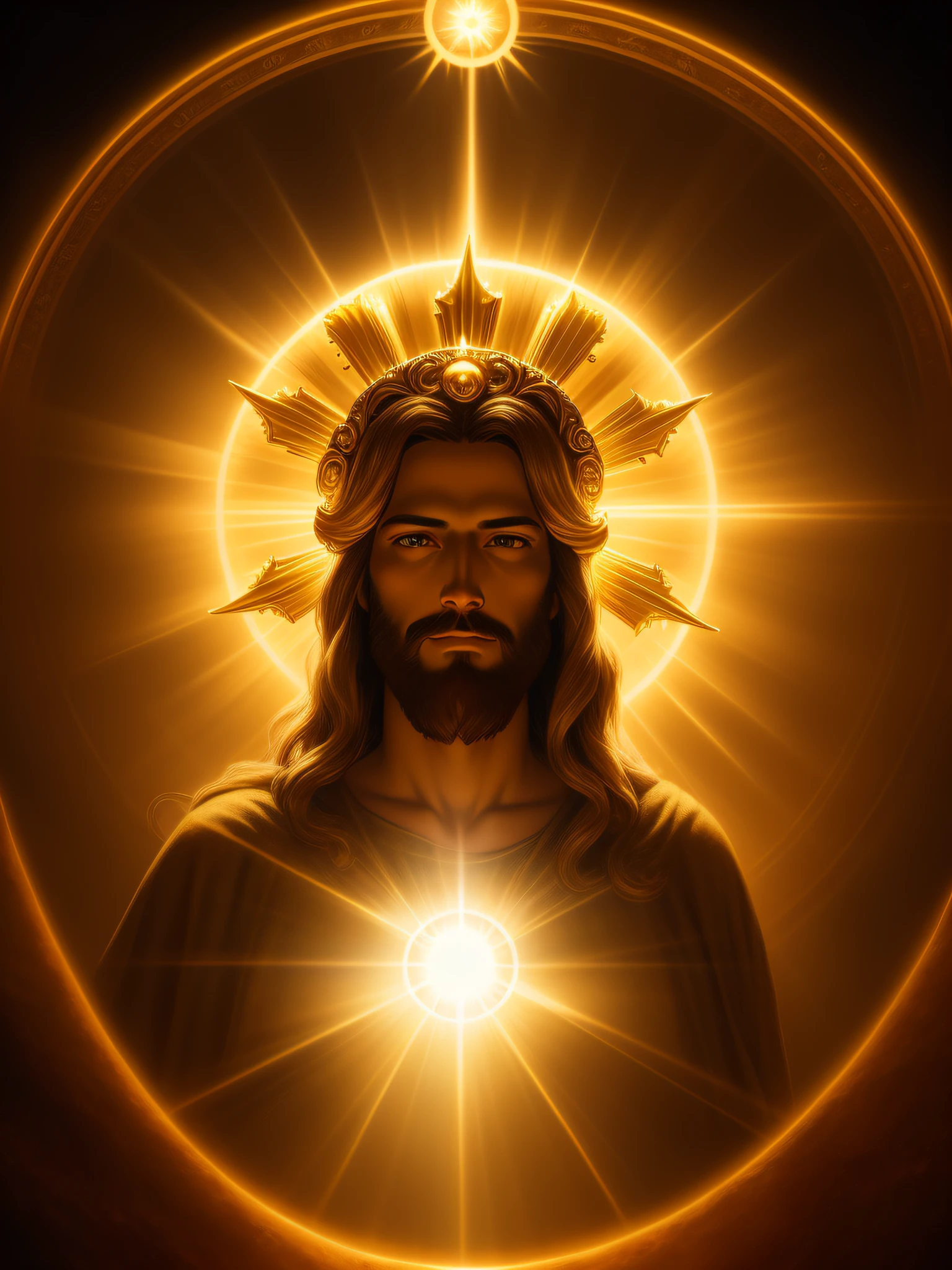 highly detailed portrait of a jesus christ sun god halo of light, gold, unreal engine, art by mark ryden, lostfish, earl norem, global illumination, god rays, detailed and intricate environment, elden ring style