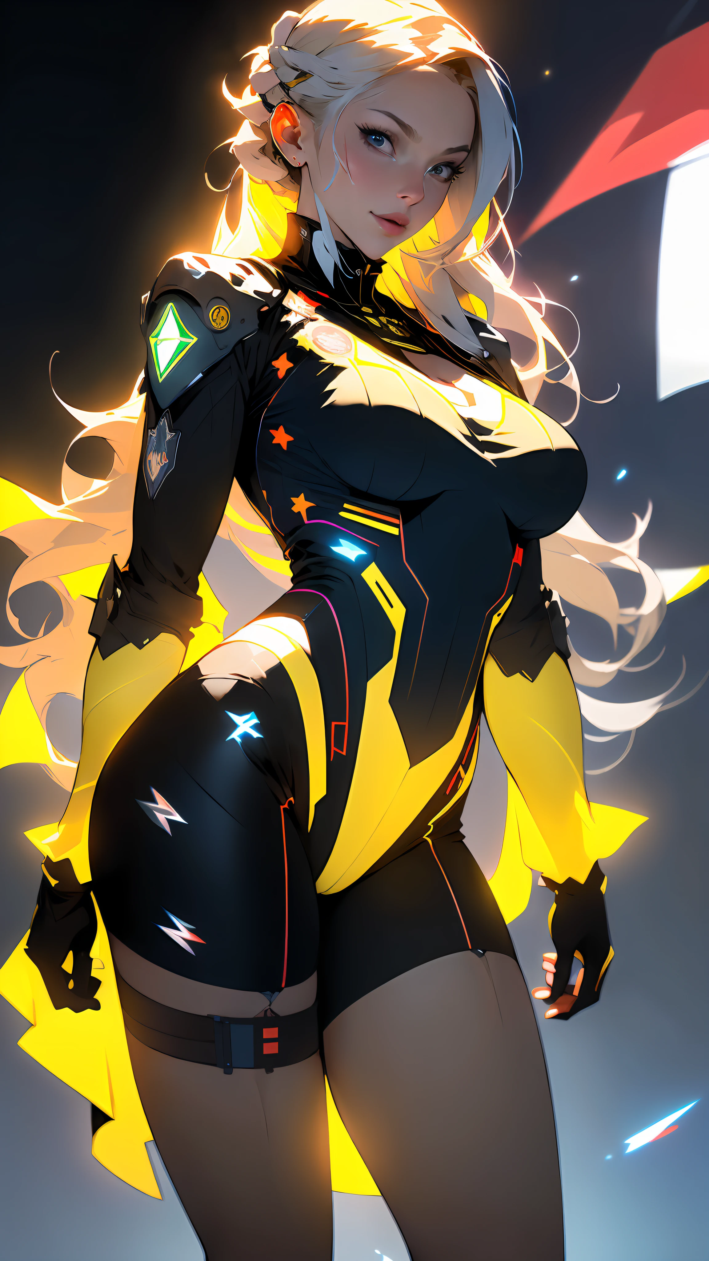 ((Best quality)), ((masterpiece)), (detailed: 1.4), Absurd, Fighter pilot Caucasian woman defined muscular body, wearing a braid, half thick naked thighs, closed mouth, only panties, muscular body parts covered by technological clothing, (((large breasts)) perfect, generous neckline, ((black, yellow and red clothing)), Germany, pastel, long light brown straight hair with moth, short underwear, garter belt, by mucha, niji --V5, close to real, best quality, almost naked, psychopath, crazy face, sexy pose, background with a black eagle symbol of Germany, 2 pieces clothing, star designs and lightning on the arms, cyberpunk, black bra with the eagle covering the breasts, ((((clothes with the colors of the flag of Germany))), pointed shoulder pads, Blue eyes without pupils, HDR (High Dynamic Range),Ray Tracing,NVIDIA RTX,Super-Resolution,Unreal 5,Subsurface dispersion, PBR texture, Post-processing, Anisotropic filtering, Depth of field, Maximum clarity and sharpness, Multilayer textures, Albedo and specular maps, Surface shading, Accurate simulation of light-material interaction, Perfect proportions, Octane Render, Two-tone lighting, Wide aperture, Low ISO, White balance, Rule of thirds, 8K RAW, crysisnanosuit