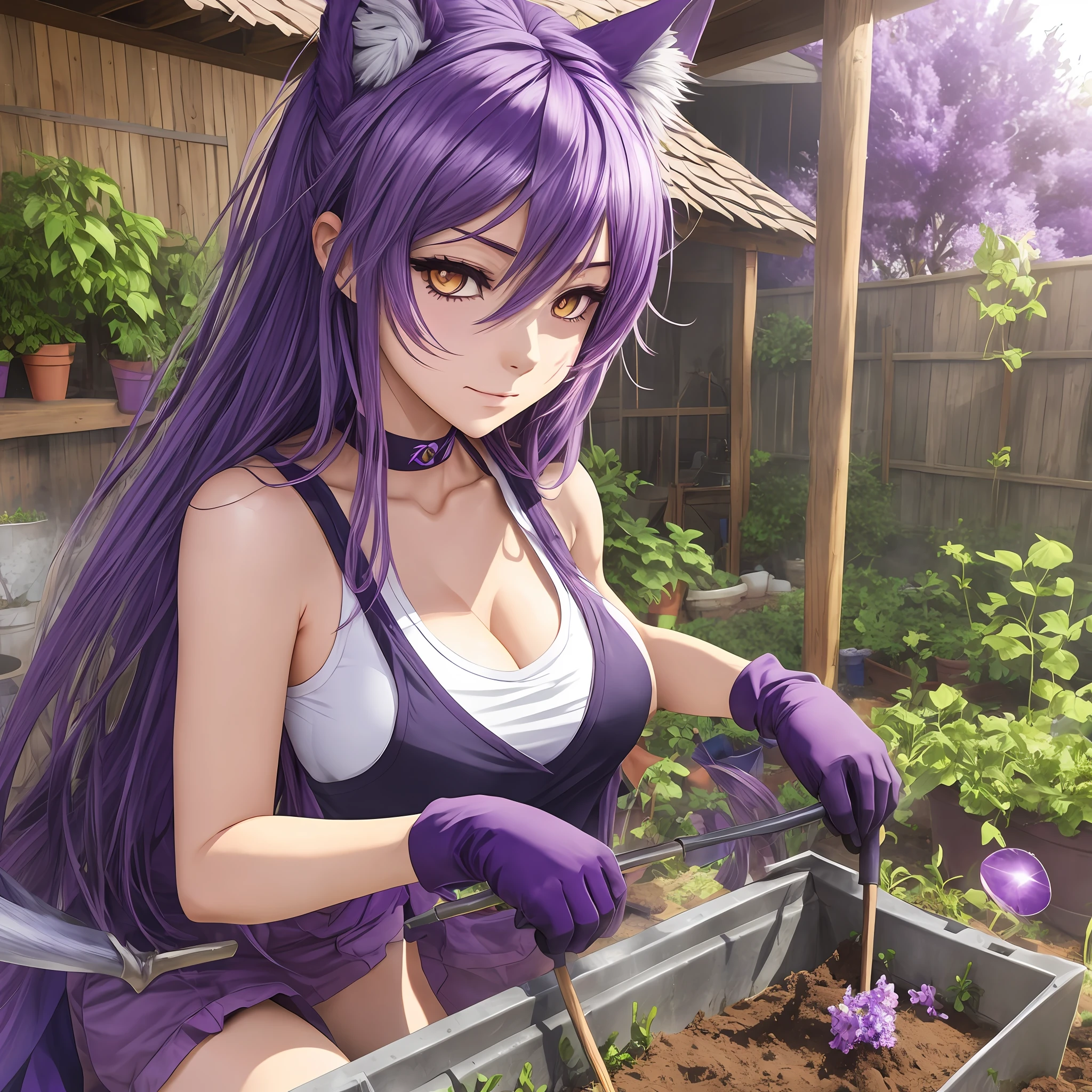 Anime wolf girl with purple hair and amethyst clothing in a hot day sweating while gardening --auto --s2