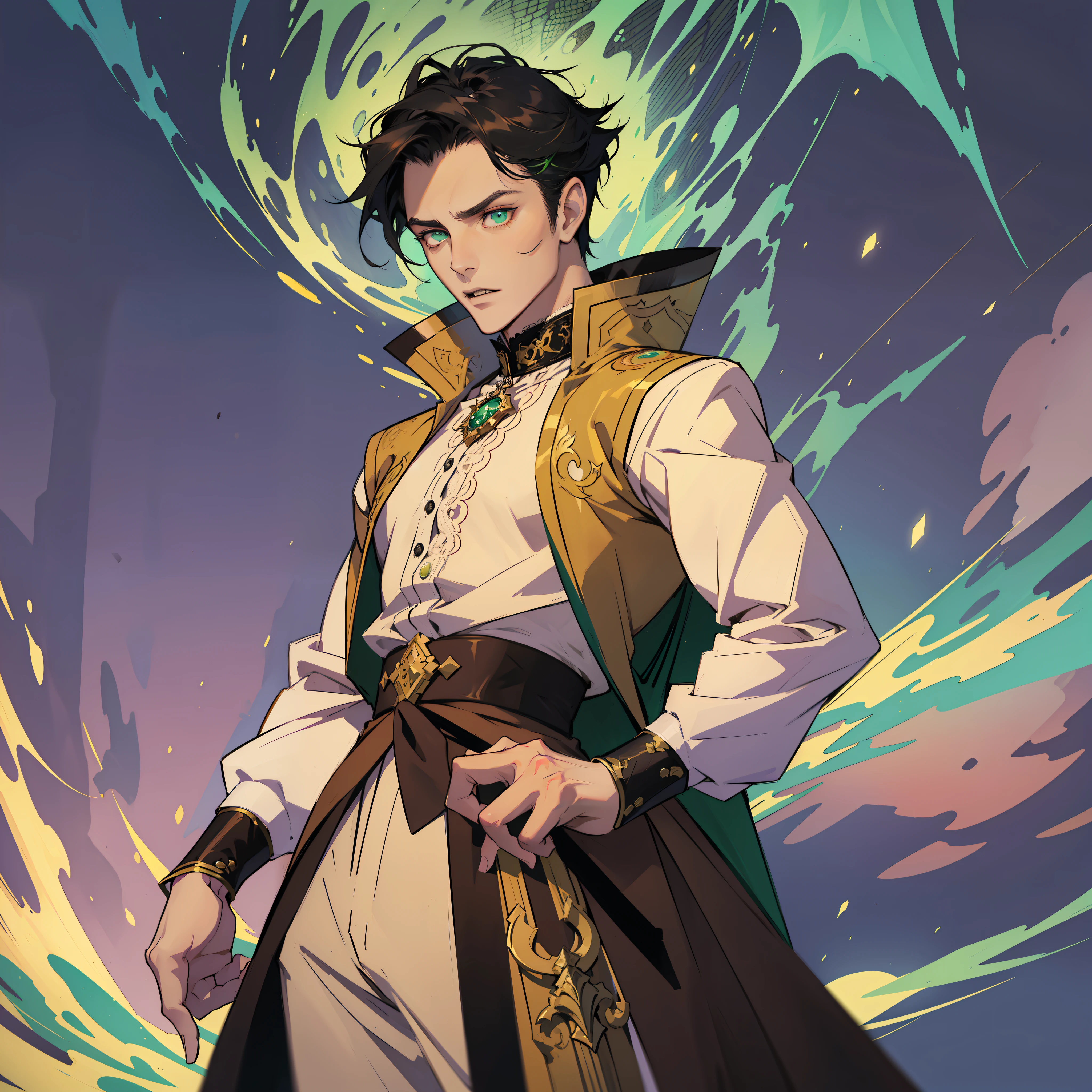 style of Gabriel Picolo, cartoon about a man in a red vest and a white shirt, lace collar, bright green eyes, shoulder-length black hair, fire mage, sorcerer, detail, anime, high quality, high detail, aristocrats, royalty, (luminous particles: 1,3), moonlight, lens flare, (cinematic light), illustration, royalty, [: (detailed face: 1,2): 0,2], detailed, detailed clothing, (detailed background:  1.3), dynamic pose, 30 years old, concept art, splashart, particles, wind, fire, simple background with gear elements, ((male)), official character image, full-length character portrait, gentle androgynous prince, one full-length character, full-length character portrait, full-length portrait short!, androgynous vampire, handsome androgynous prince, ace lawyer style, full-body character portrait, full body concept,  different angles, different poses, side view, front view, one character inspired by Gaston Anglad, a handsome androgynous prince, a handsome prince of Persia, a gentle androgynous prince, an anime portrait of a handsome man, an official character, in Bowwater's art style, a handsome vampire man, Casimir art, Caleb from a critical role, a handsome prince, a handsome oriental man, bright (((green eyes))), (red vest: 1.3), (white shirt with lace collar)))