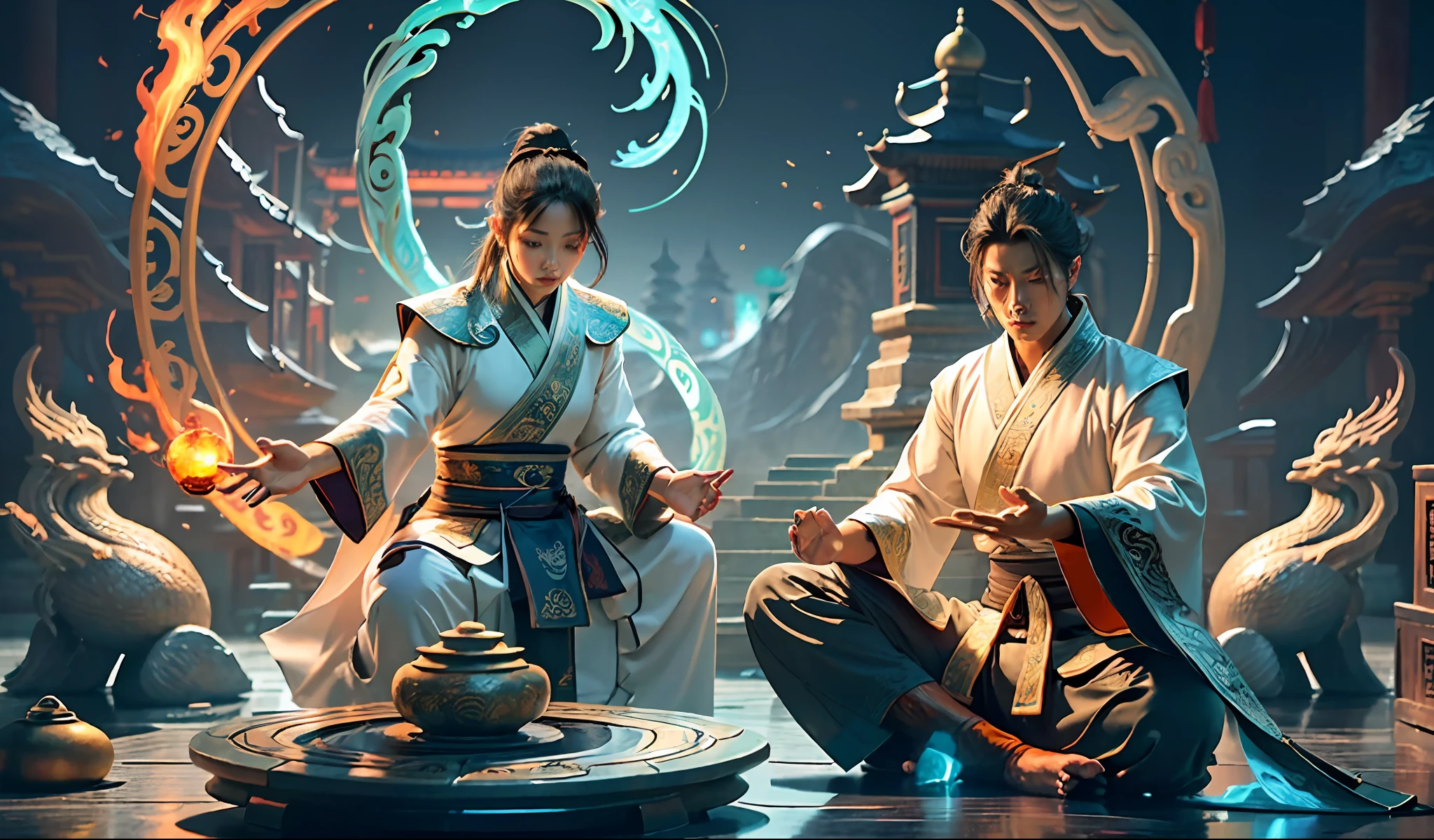 (harmony, balance, yin and yang), Chinese silk painting, Tai Chi principles, fluid movement, interrelated elements, interplay of contrasting forces, Taoist philosophy, touches of the I Ching, warm and cool tones, art of reflection, inspiration by Laozi, Zhuangzi, Yin-Yang Diagram, Tai Chi Diagram, Bagua Diagram, Unity of Spirit and Body, 1 attractive boy, 1girl, ultra realistic face, highly detailed eyes, Solo, Taoism, Summoning Magic, Movie Lighting, Fire and Ice Split, Bagua Background, Circle Bagua, Yiyang, Taoist Practice, Meditation Sitting, Buddha Sitting, Spiral Dragon, Top Cloud Dragon,