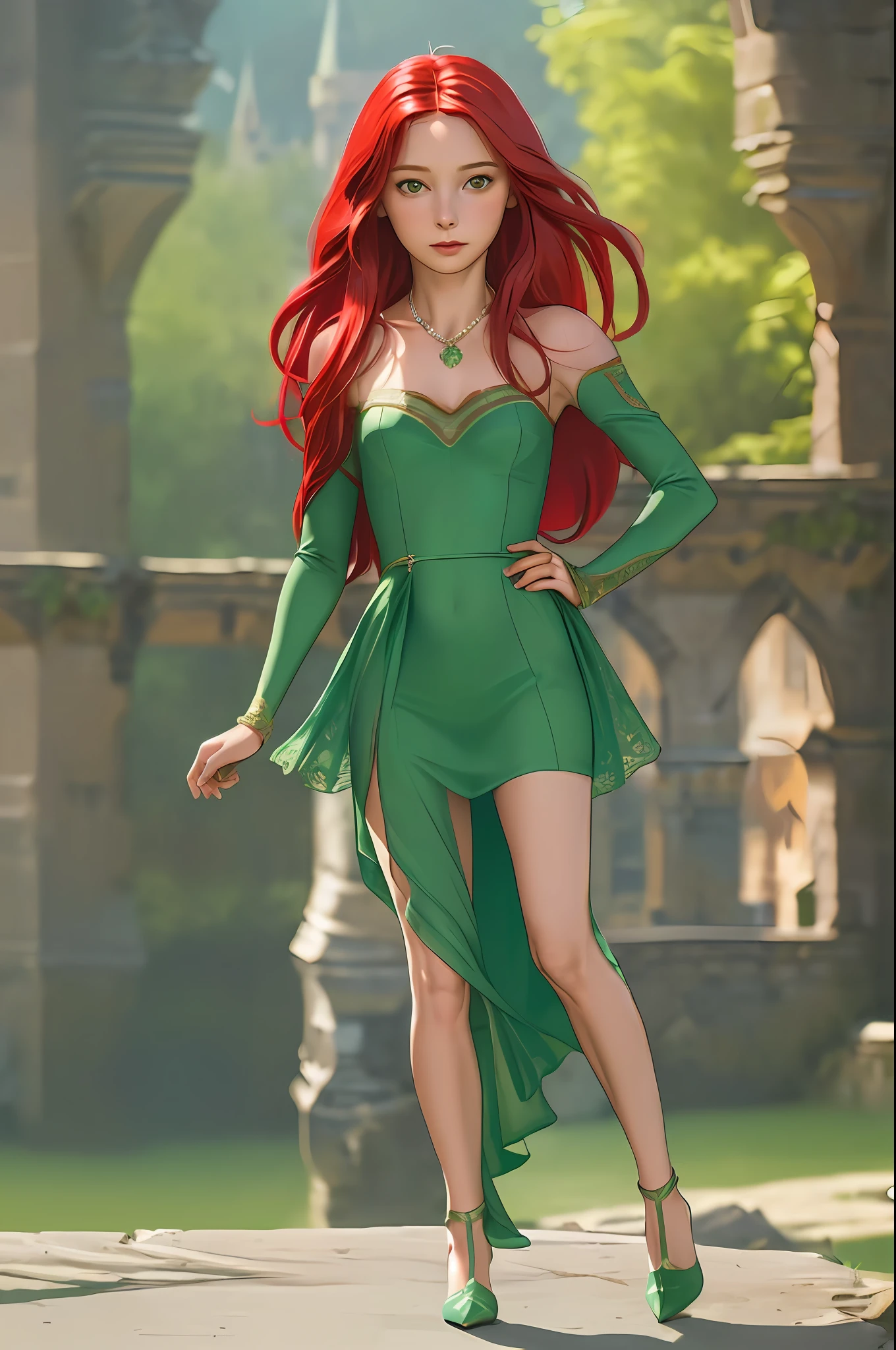 ((Triss Merigold)), realistic, best illustration, realistic details, detailed, (((1 girl, pretty, solo focus, delicate, beautiful, slim, slim thigh, thigh gap, long hair, medium breasts, décolleté, trmg, full body, red hair, jewelry, necklace, green intricate dress, circle, looking at the viewer, night, perspective, depth of field, blurred background, sharp focus, front, face focus, fantasy medieval castle)))