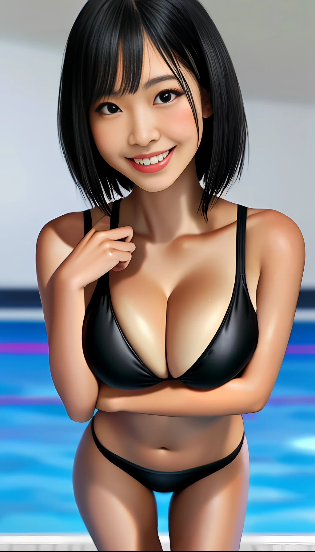 Realistic, Real Woman, Black Hair, Bob Hair, Abs, Kubire, Glamour, Best Quality, 8K, Pink Swimsuit, High School Girl, Cleavage, Sexy, Smile, Swimsuit That Digs Into As, Only One, Big, Wet Skin, Hygre, High Grade Model, Cleavage,
