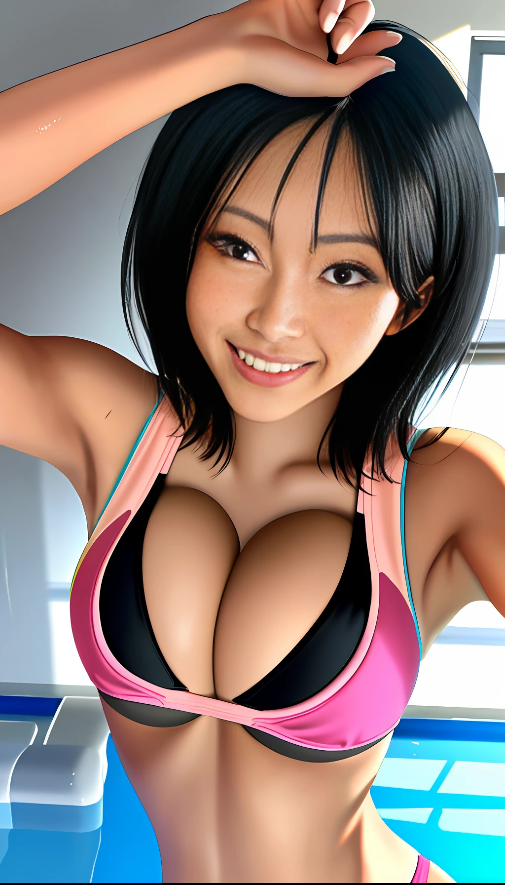 Realistic, Real Woman, Black Hair, Bob Hair, Abs, Kubire, Glamour, Best Quality, 8K, Pink Swimsuit, High School Girl, Cleavage, Sexy, Smile, Swimsuit That Digs Into As, Only One, Big, Wet Skin, Hygre, High Grade Model, Cleavage,