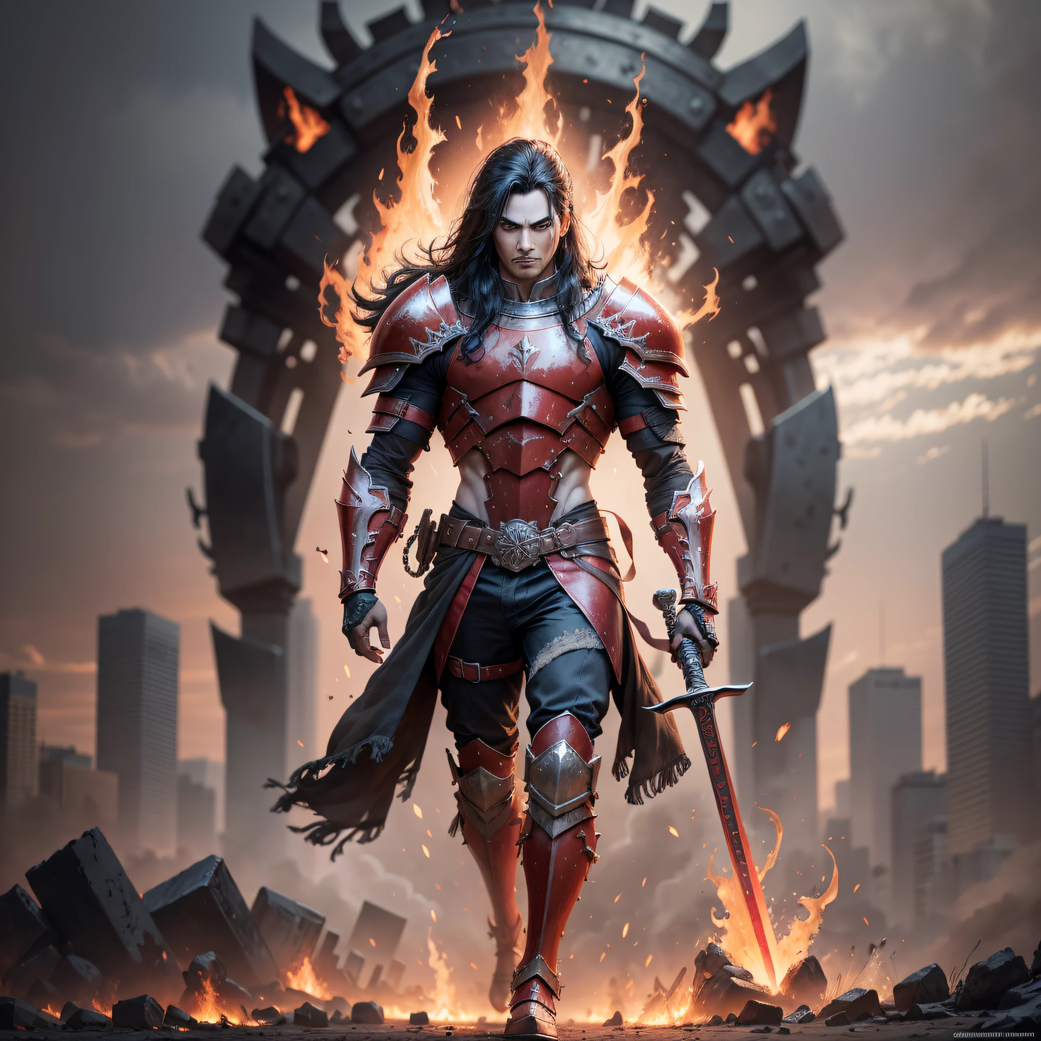 Photo RAW, a full-body portrait of a fierce male warrior, black hair and fiery eyes. Blood red armor on fire. Walks through the post-apocalyptic scenery giant crossed sword catching fire. Very dark sky. (highly detailed skin: 1.2), 8k uhd, dslr, soft lighting, high quality, film grain, Fujifilm XT3 --auto --s2
