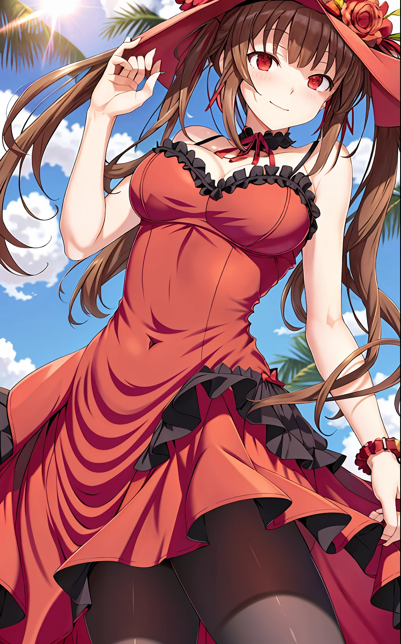 Light brunette girl,thin,small breasts,thin waist,shapely legs,navel d out,making kuromi cozplayer,(date a live) girl 20 years, red and black dress,right eye is a watch, red left eye, tight dress